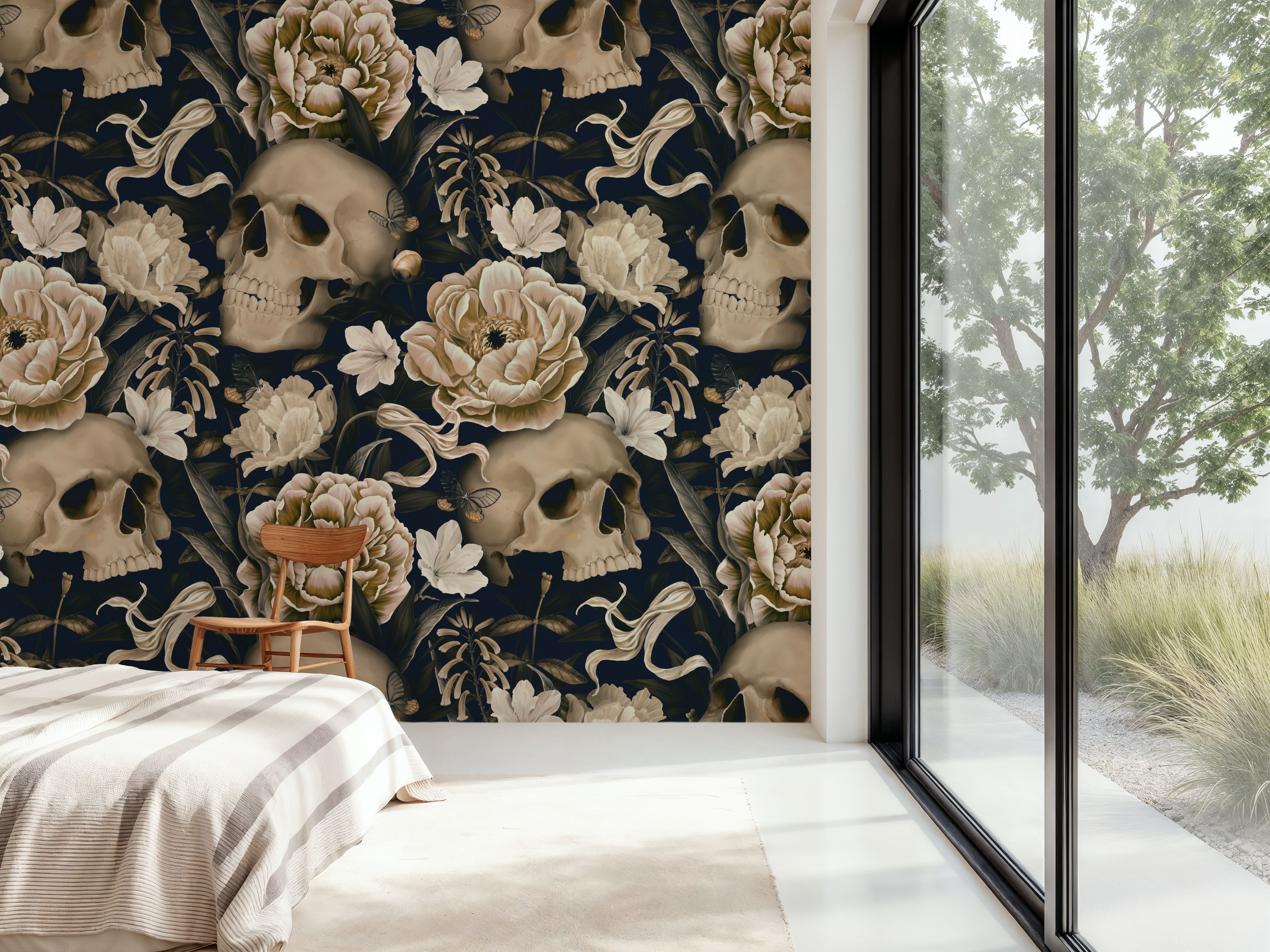 Peonies and Skulls Dark Blue, Wallpaper