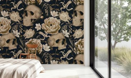 Peonies and Skulls Dark Blue