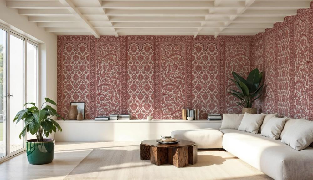 A pool house living room with sofa and red patterned wallpaper on the walls