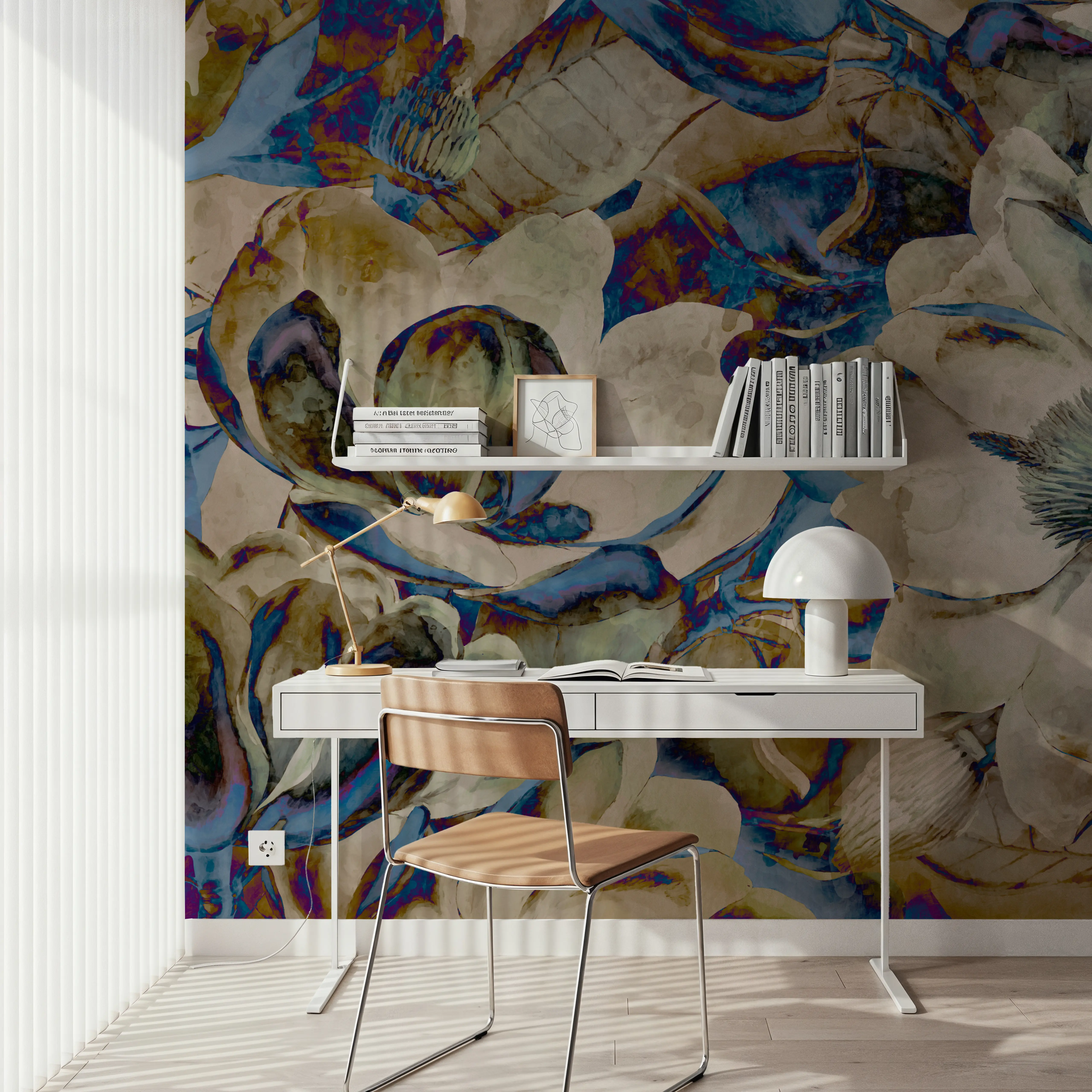 Fotobehang - Magnolia art - Abstract Kunst Bloemen Mural - Blauw - Woonkamer - Wallism België - Zelfklevend of Vliesbehang