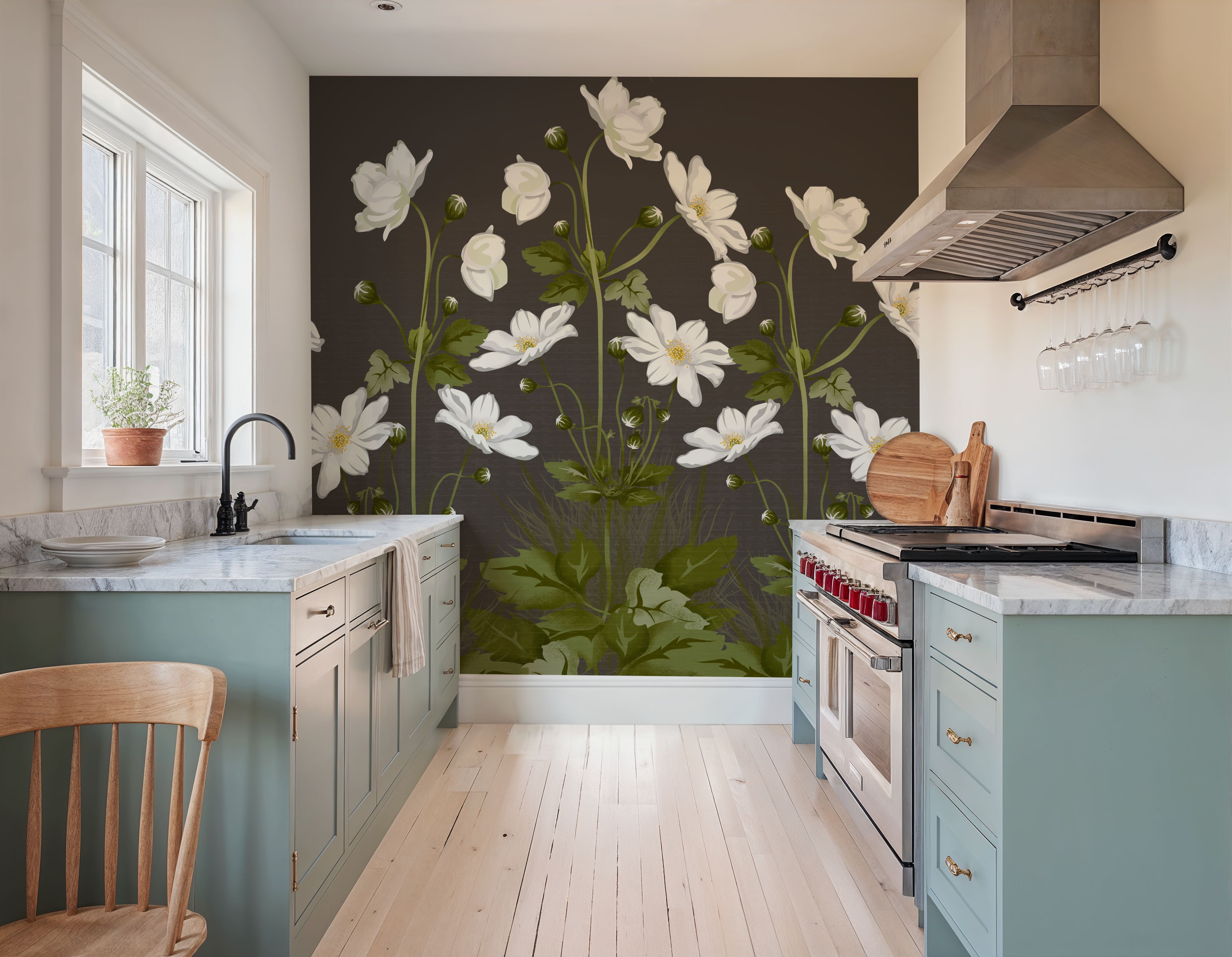 White Anemones, Taupe, Wallpaper