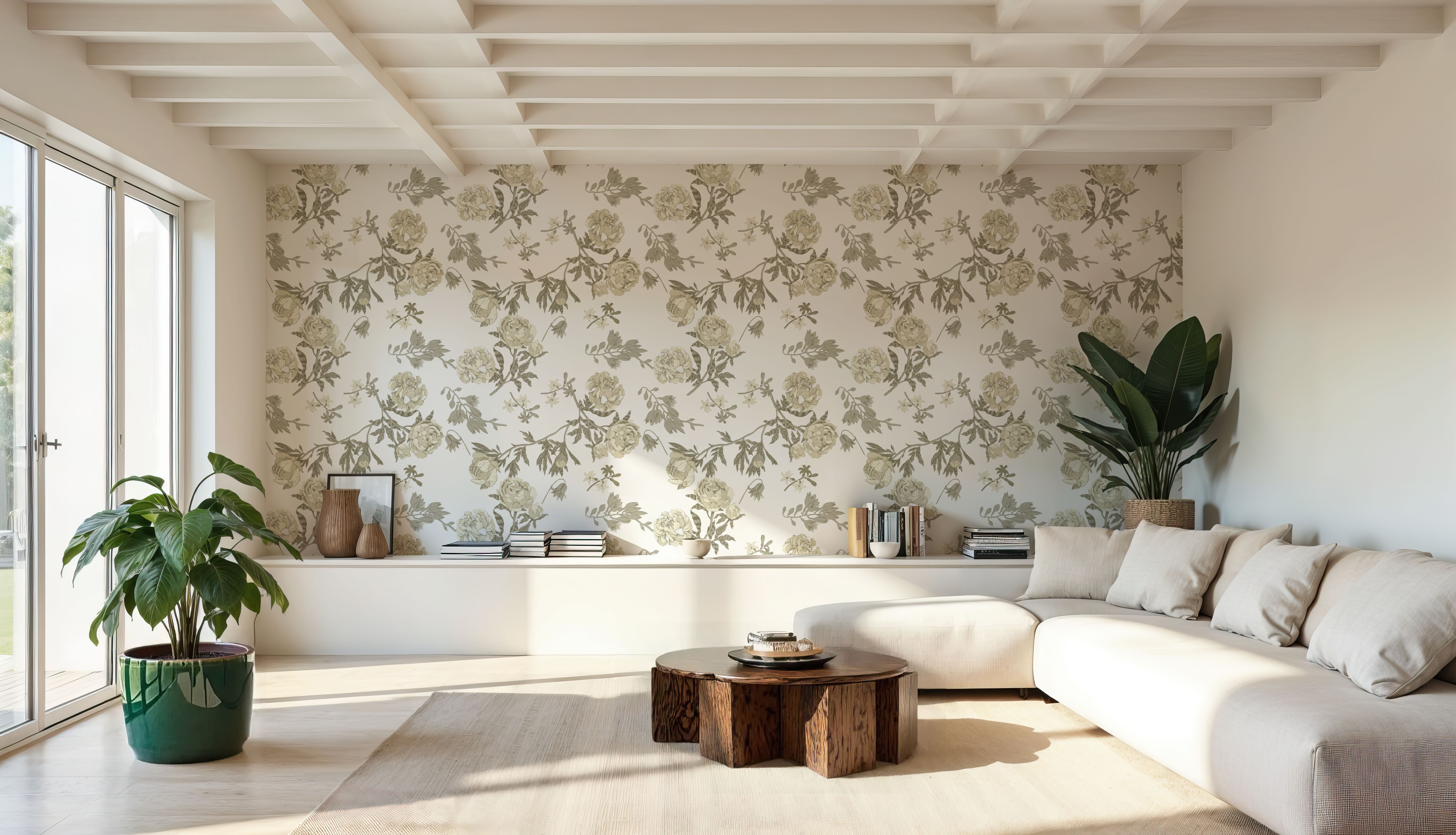 Peony Passion, Khaki on White