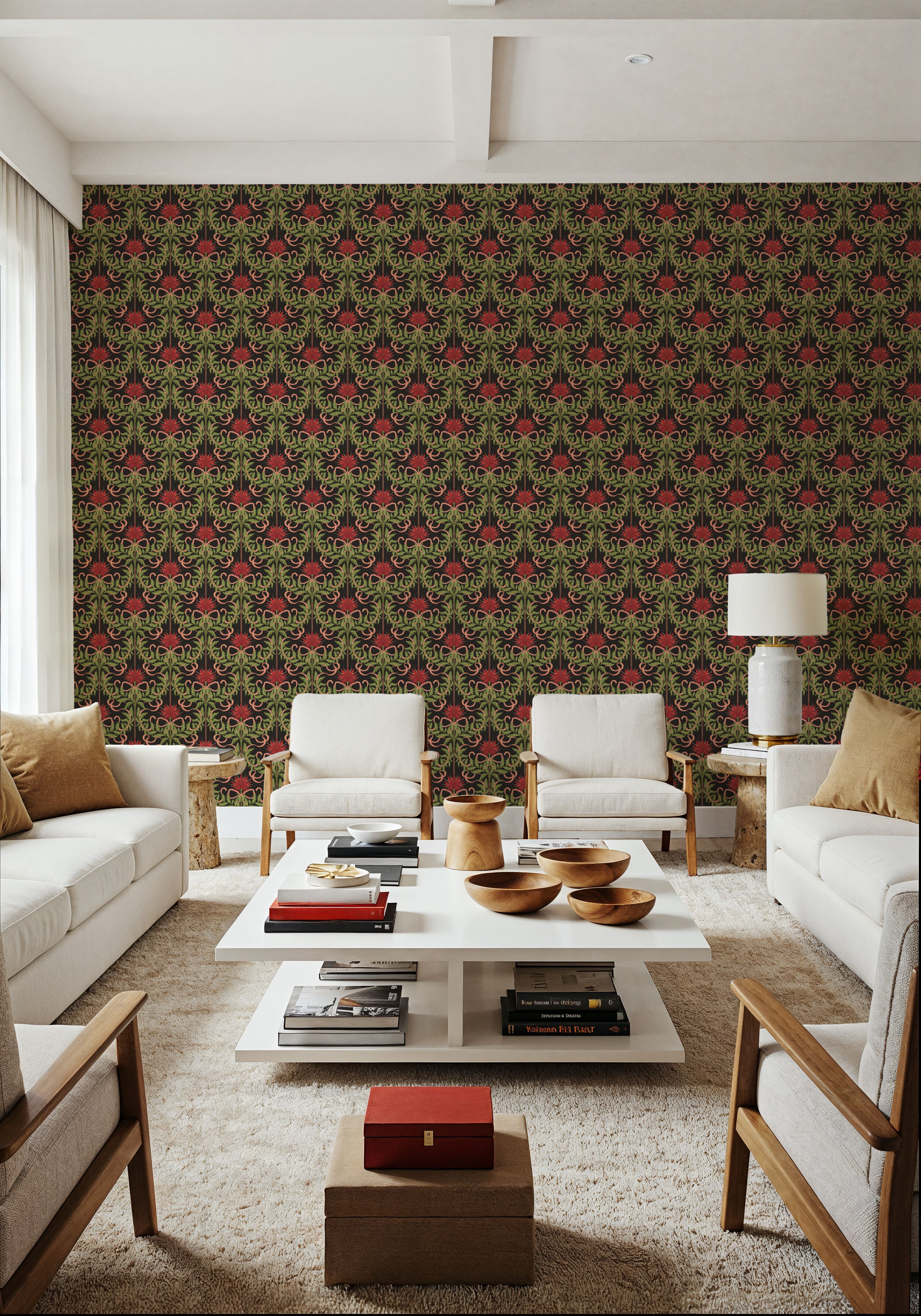 Floral Damask & Bows, Vermilion