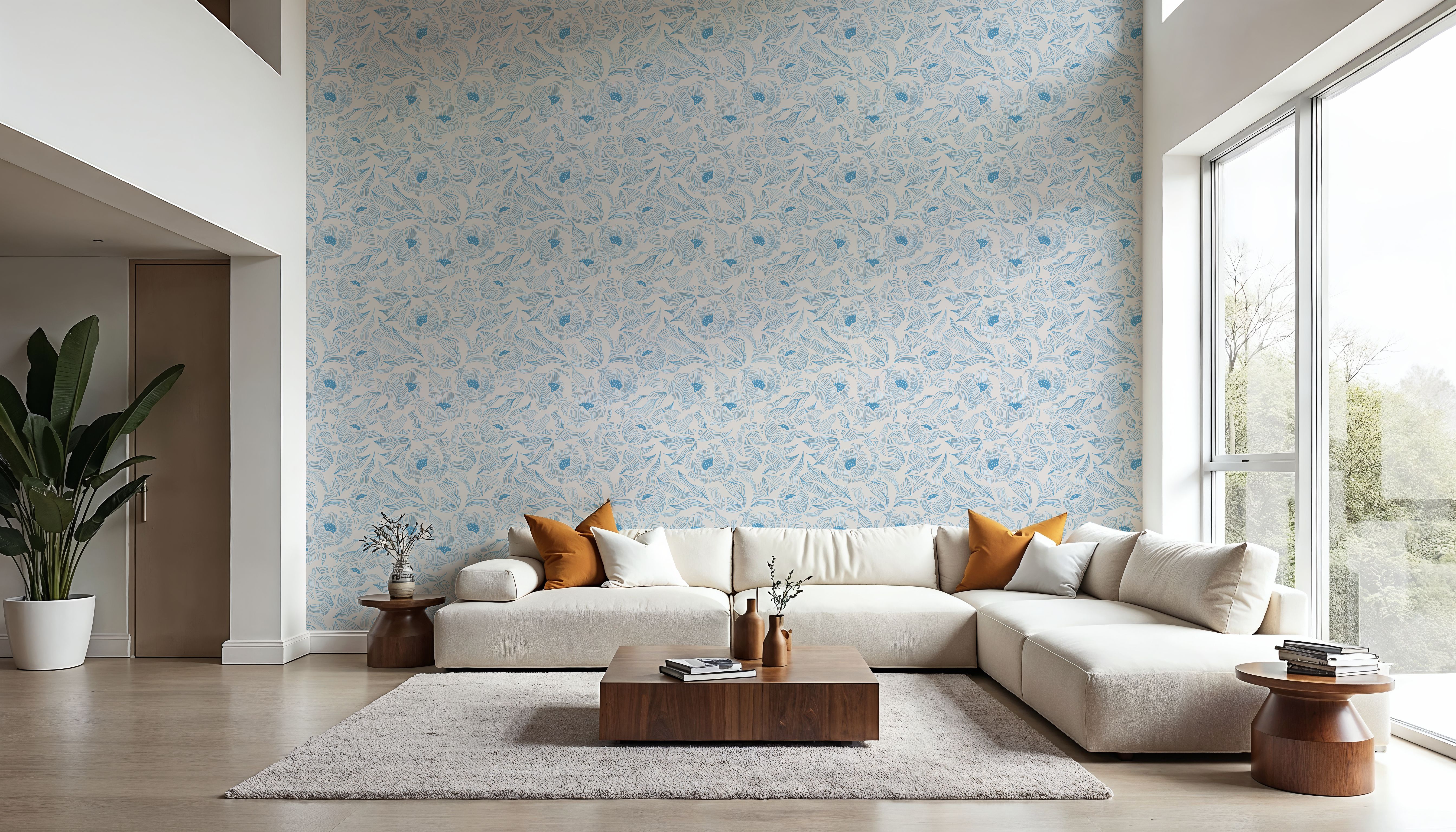 Hidden Peonies, Blue on Beige