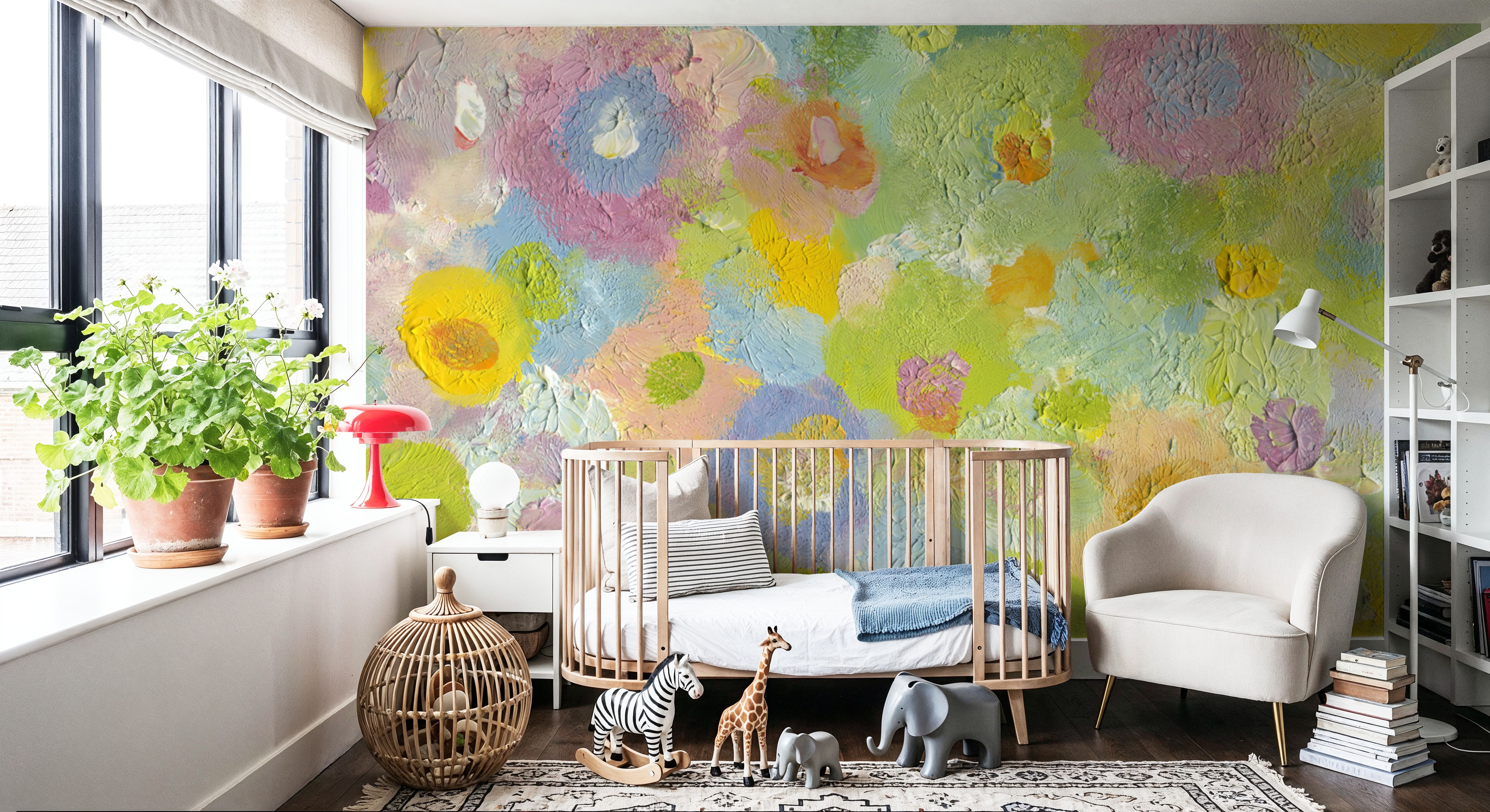 Happy Oil Painted Flowers, Green & Yellow