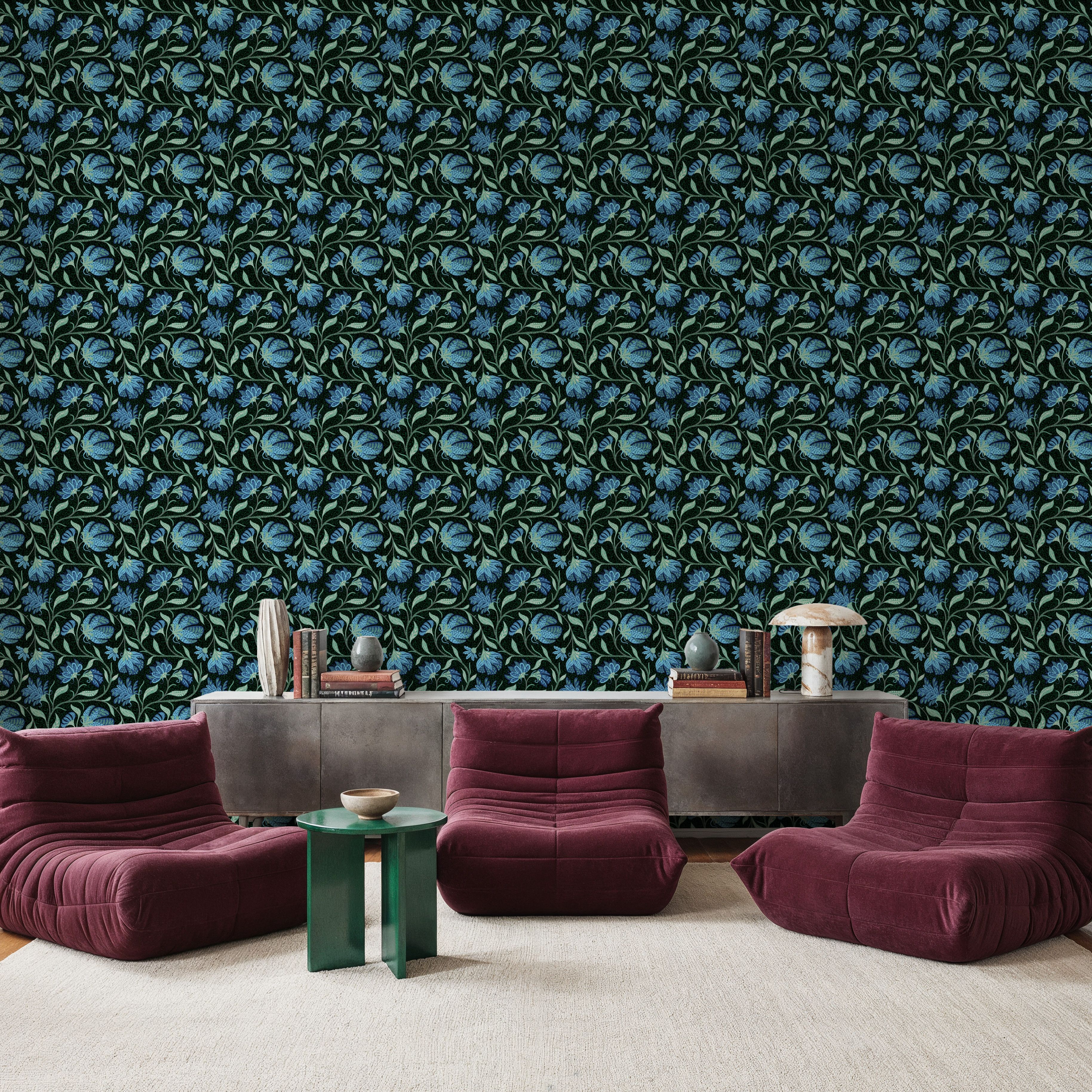Indial Floral, Teal on Midnight