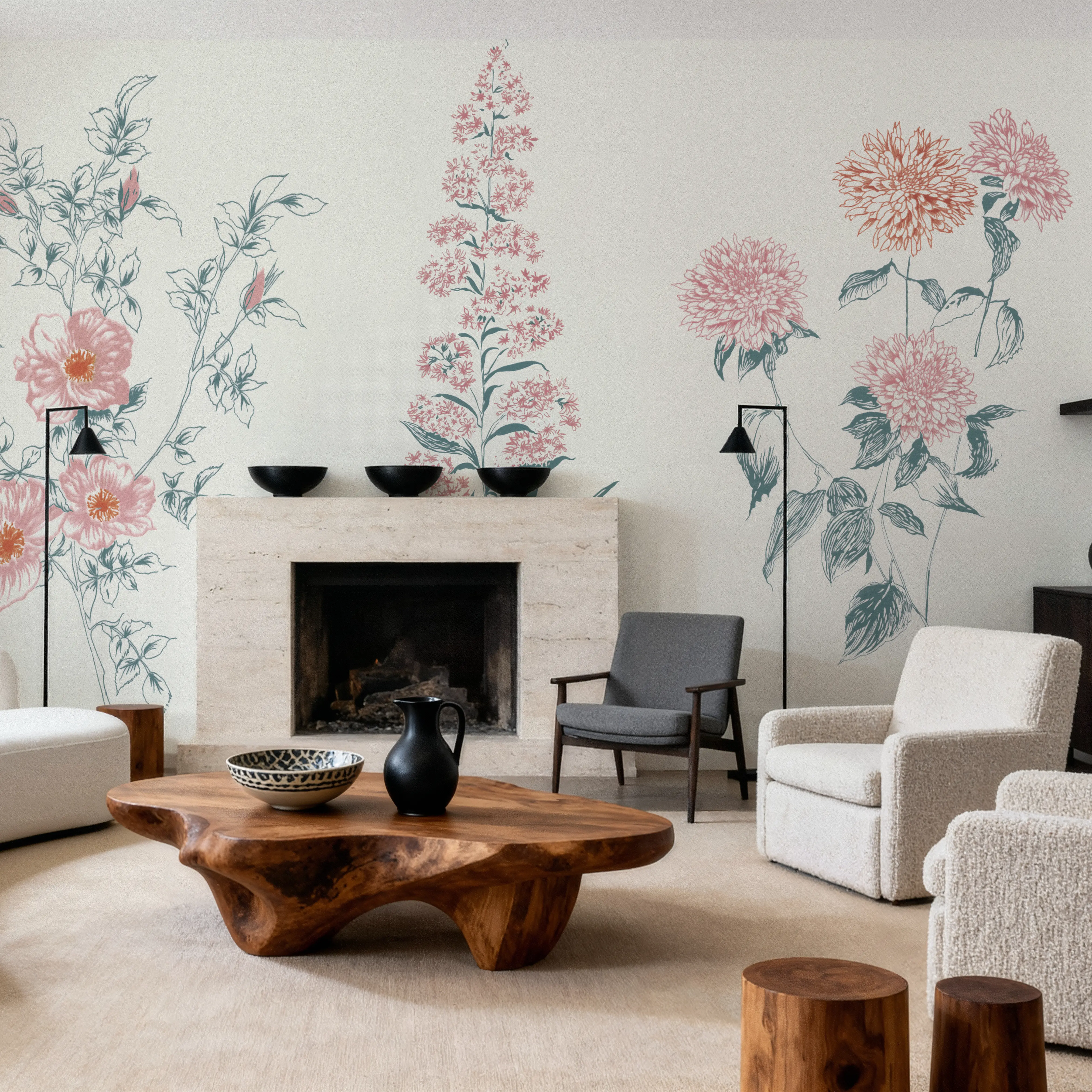 Papier Peint Panoramique - Flowers on White X - Chintz Nature - Rose - Salle à manger - Wallism Belgique - Encollage au mur ou Autocollant