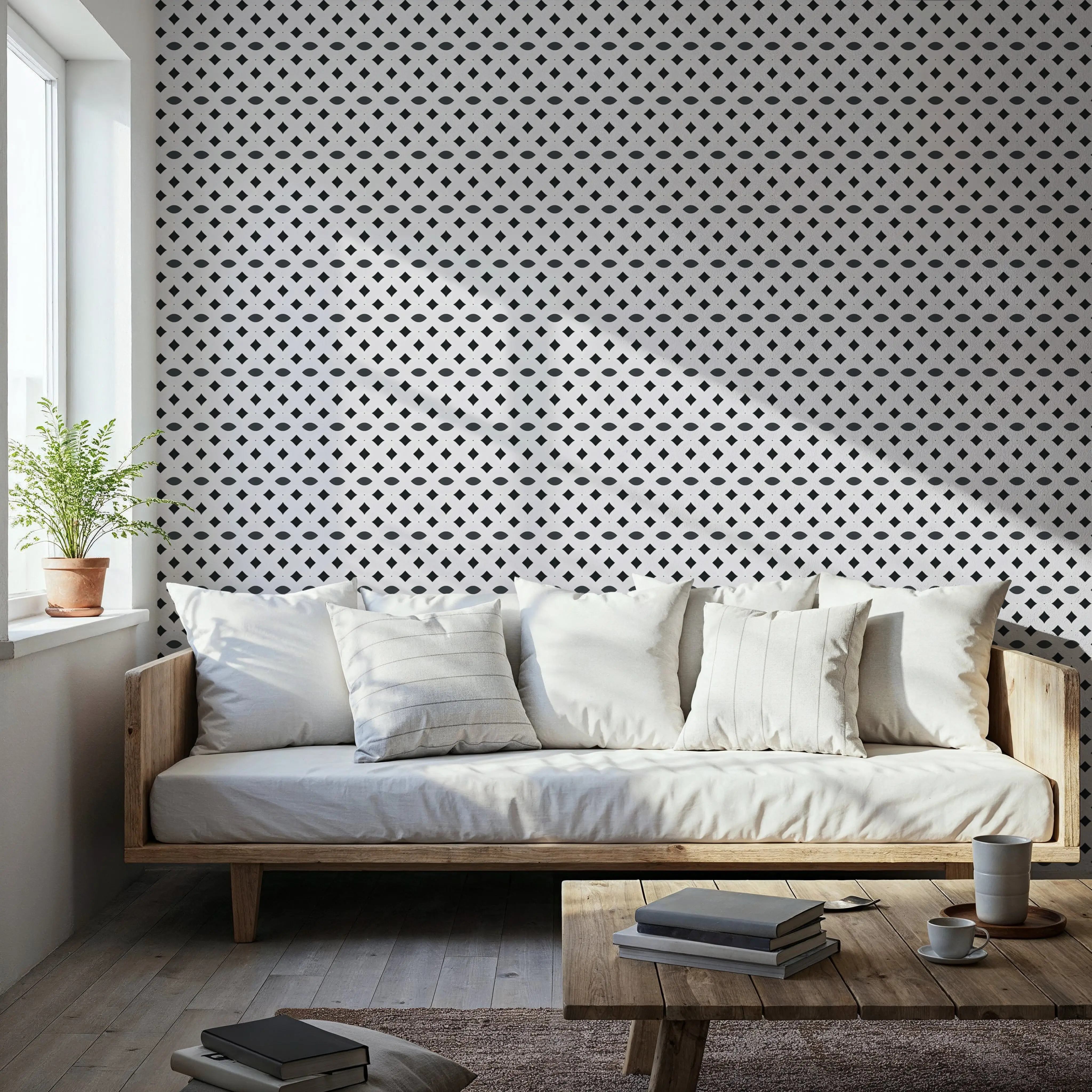 Papier Peint - Temara Ovals And Squares - Diamants Carrés - Gris - Salle à manger - Wallism Belgique - Encollage au mur ou Autocollant