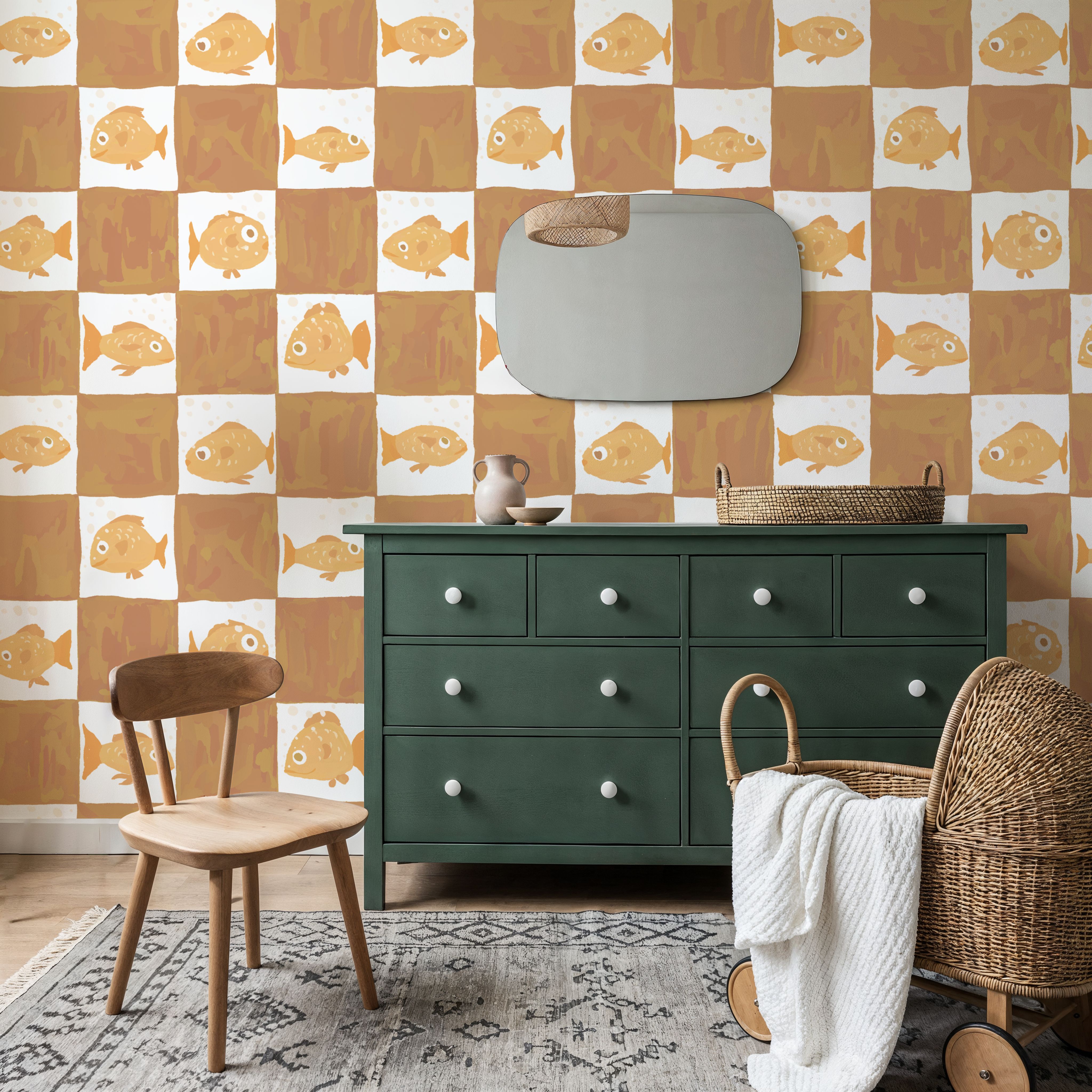 Fish Checkers, Warm Brown, Wallpaper
