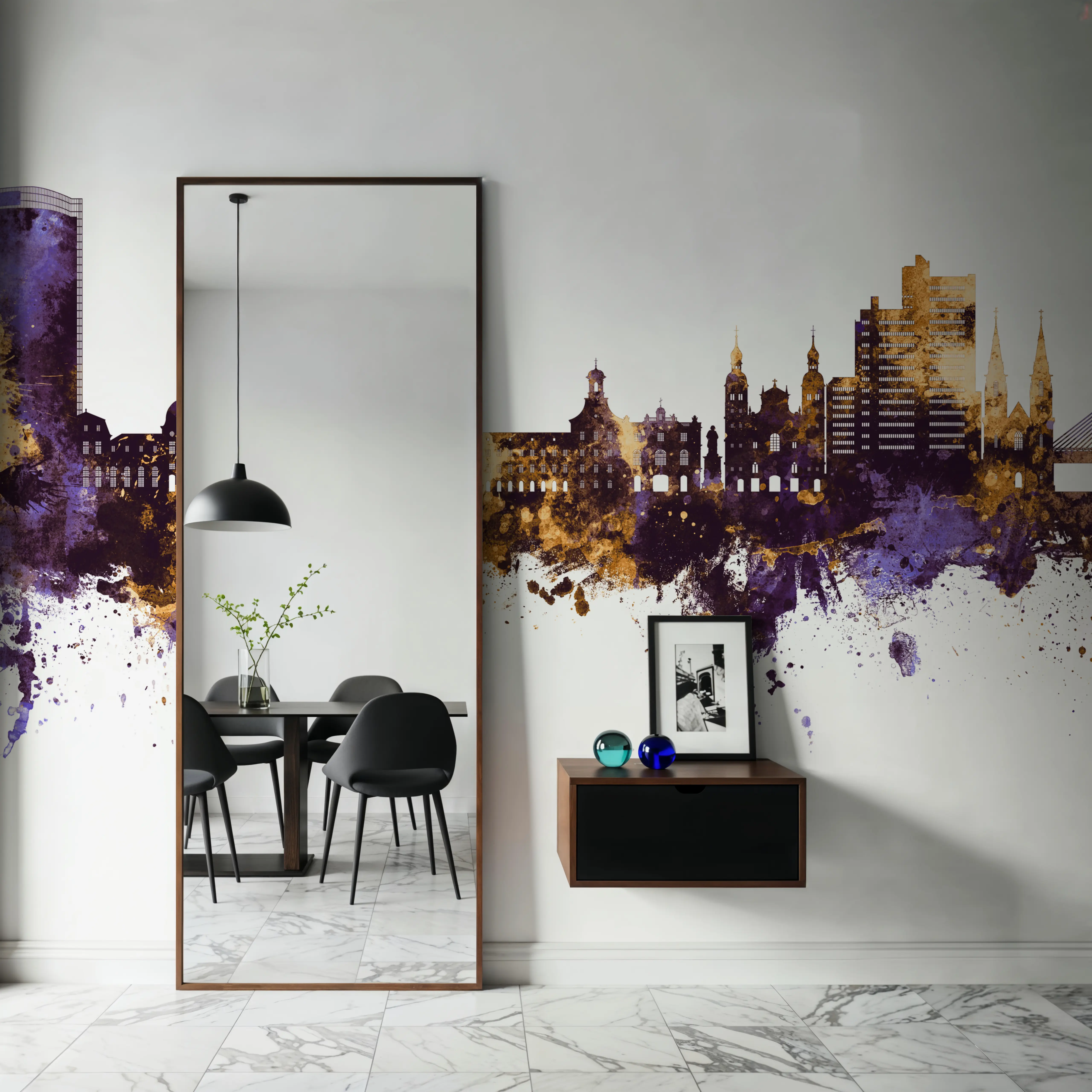 Papier Peint Panoramique - Bonn Skyline Purplr & Gold - Contemporain - Violet - Salon - Wallism Belgique - Encollage au mur ou Autocollant