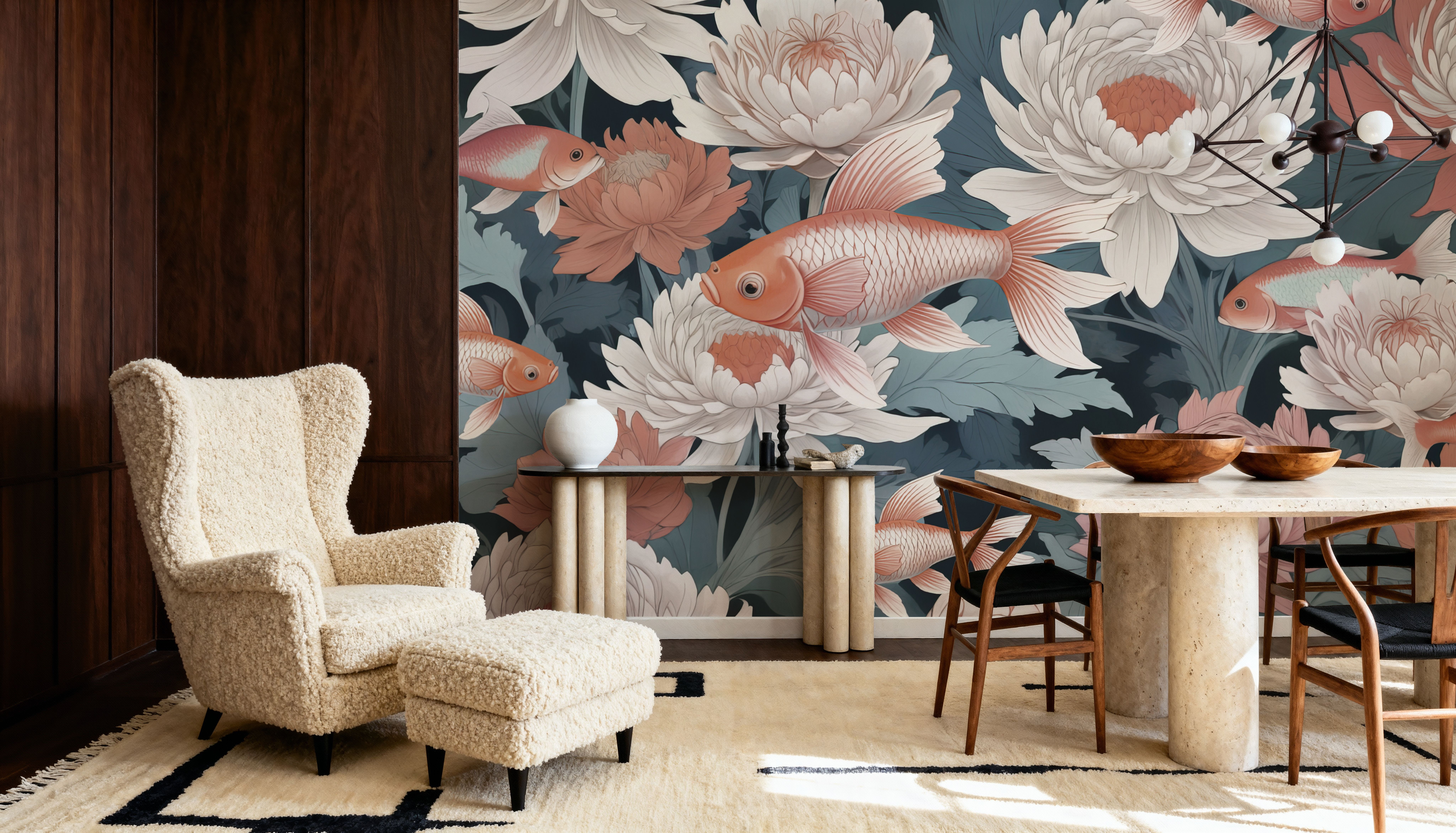 Dancing Fish, Peach on Teal