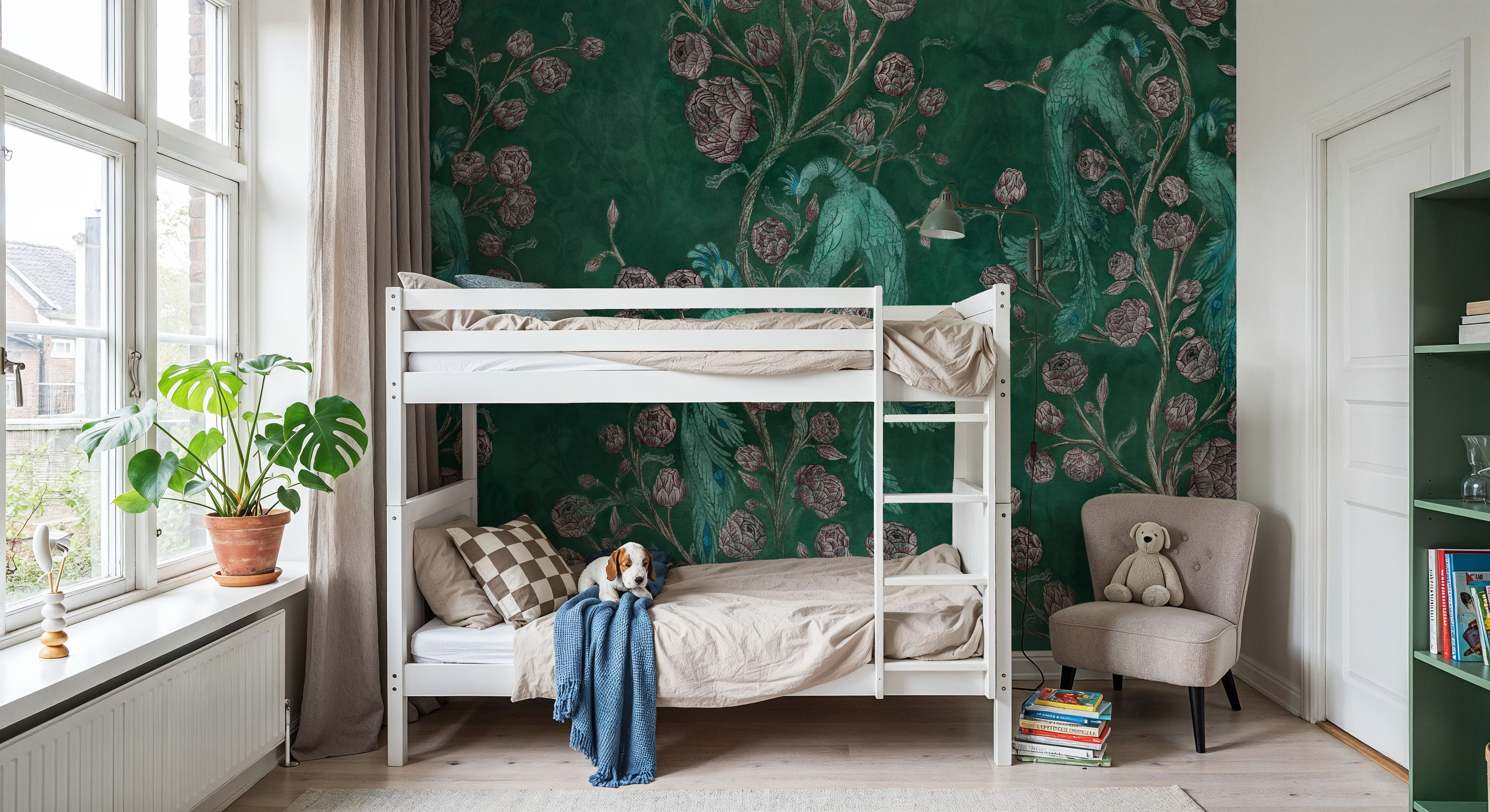 Peacock and Peony Chinoiserie Bottle Green