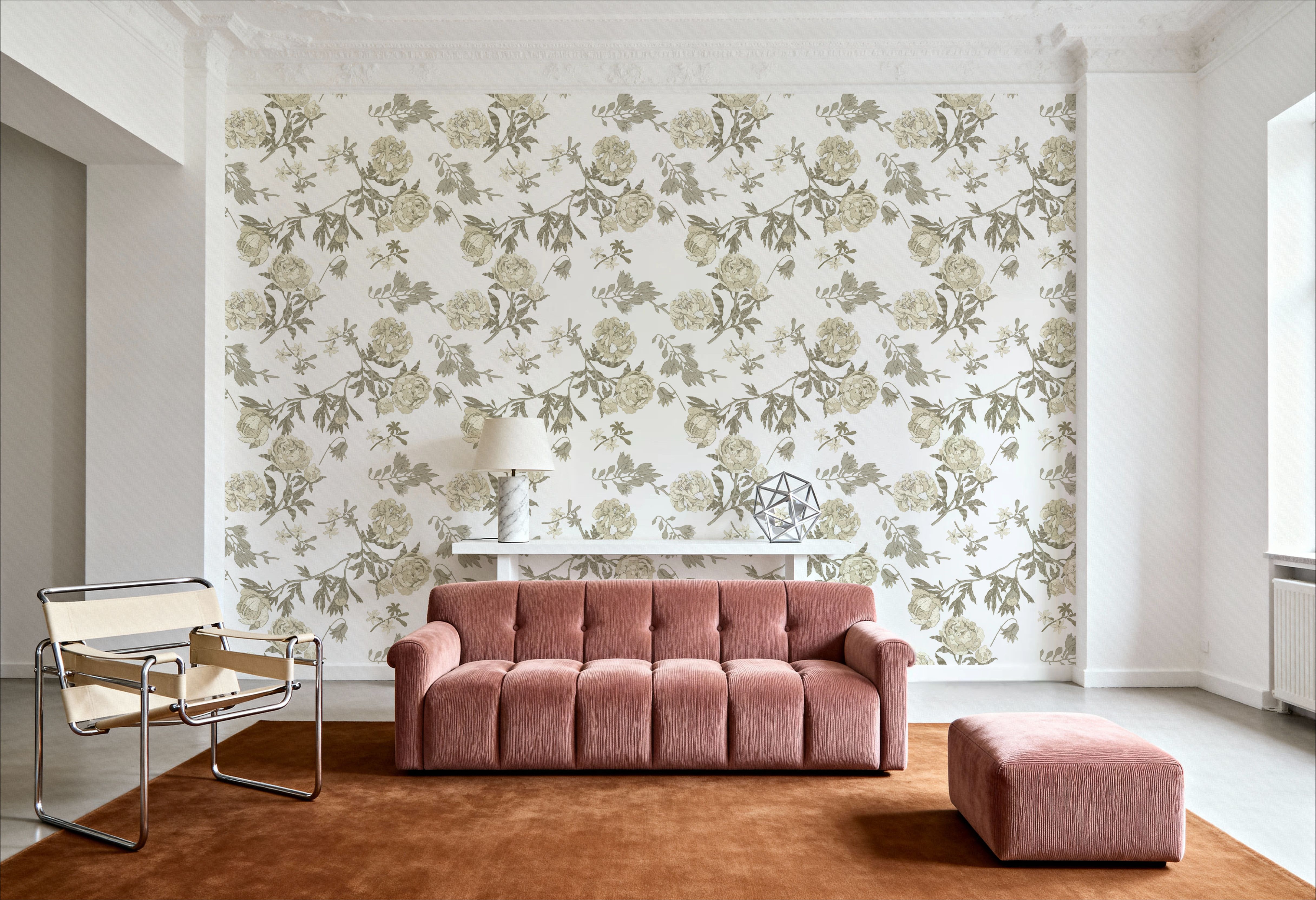 Peony Passion, Khaki on White