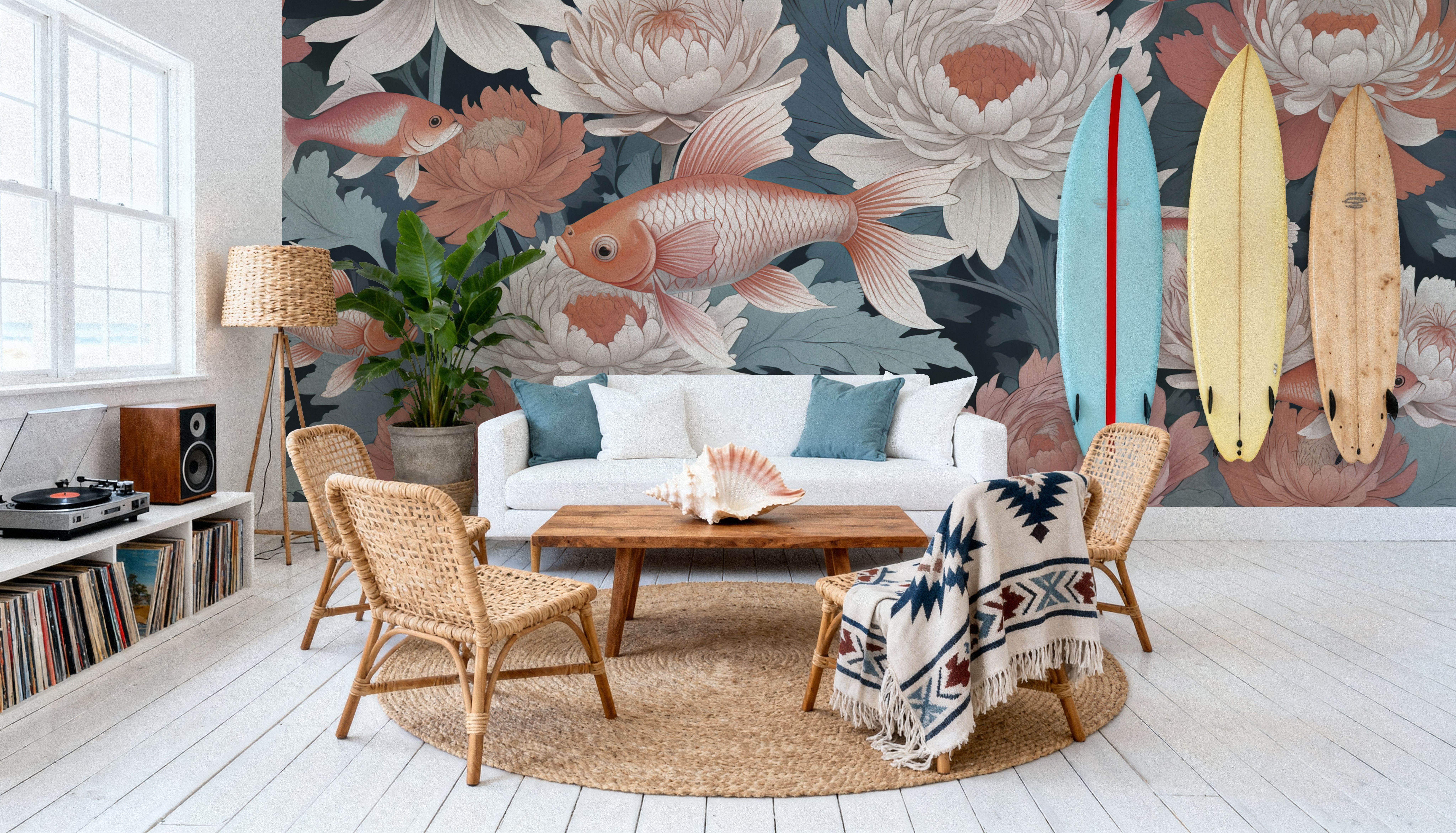 Dancing Fish, Peach on Teal, Wallpaper