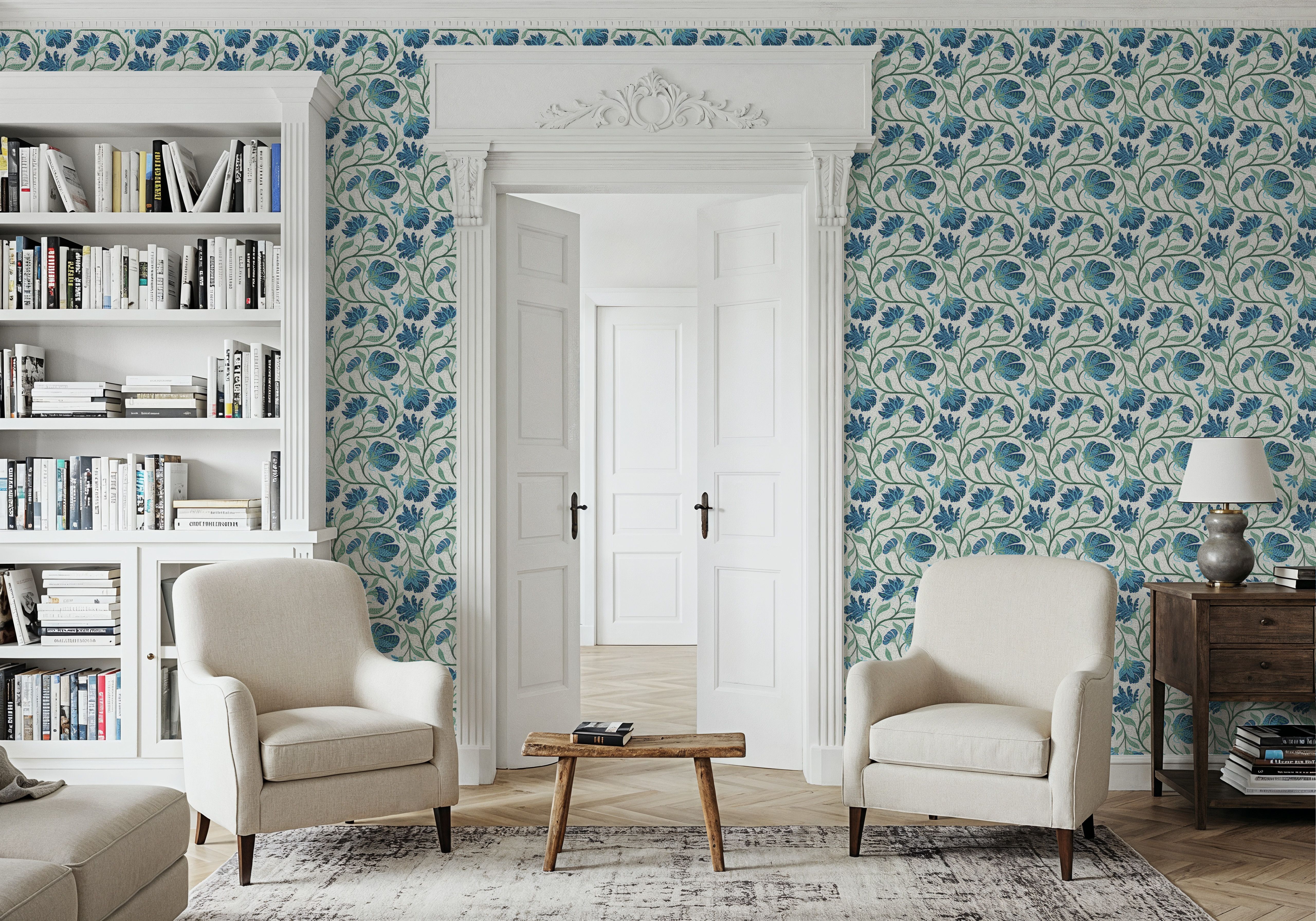 Indial Floral, Teal on Cream
