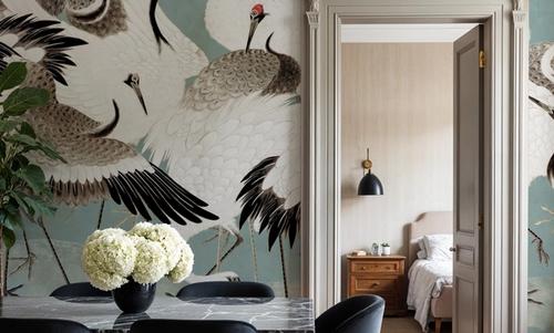 Japanese Flock of Cranes, Calm Ocean