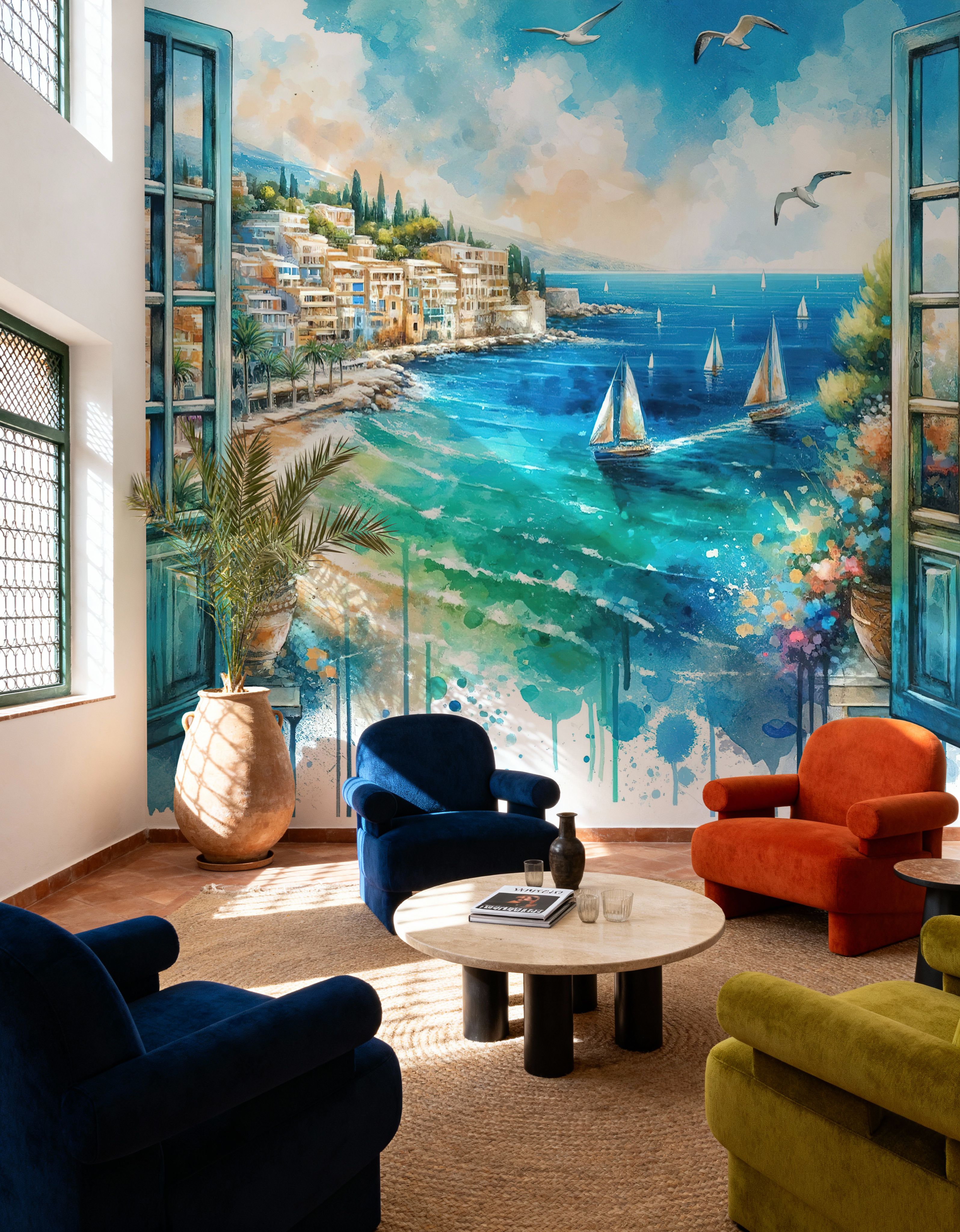 Mediterranean Coastline through Open Window
