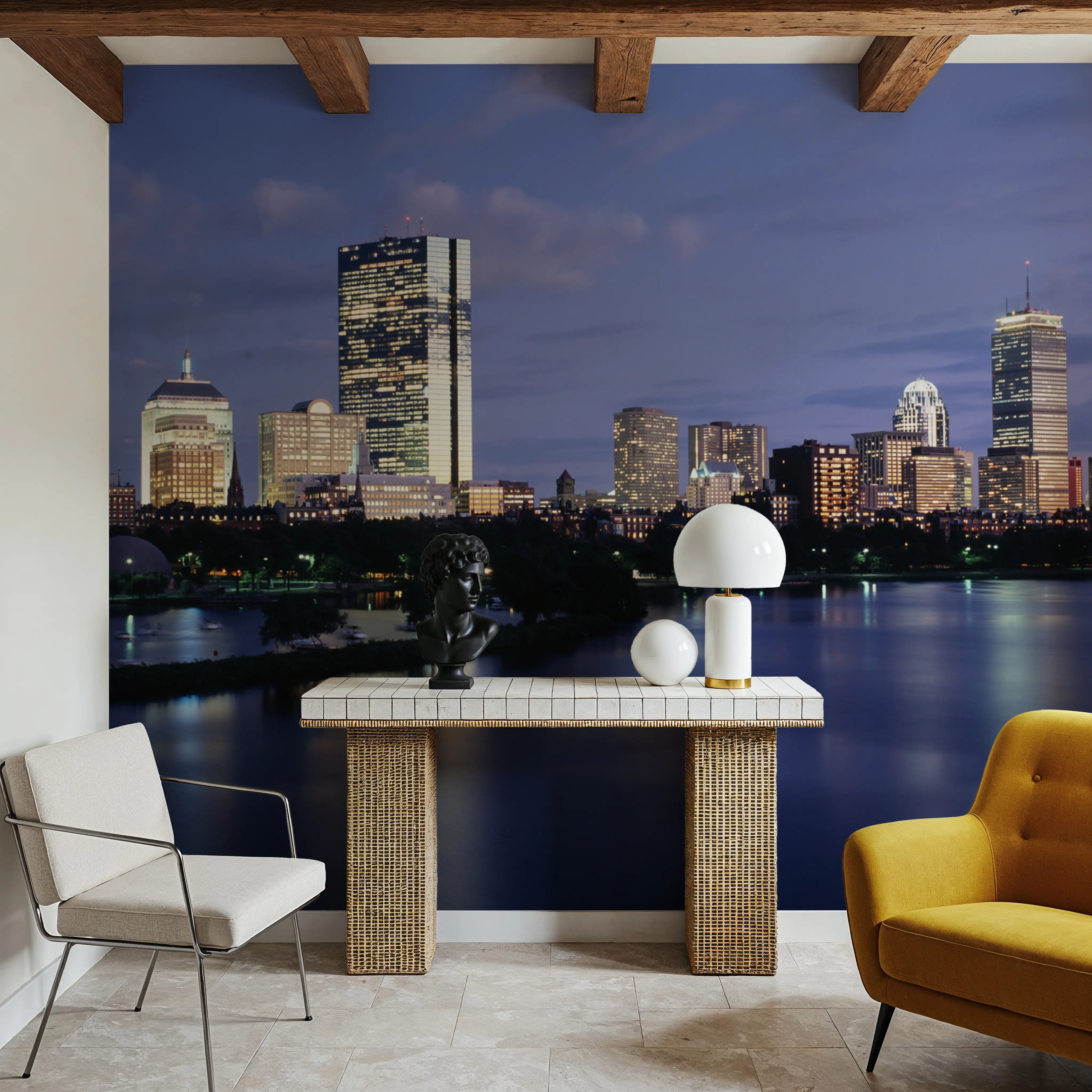 Wall Mural - Waterfront Twilight - Sea Landscapes mural wallpaper - Blue - Offices - Wallism UK - Peel & Stick or Paste-the-Wall