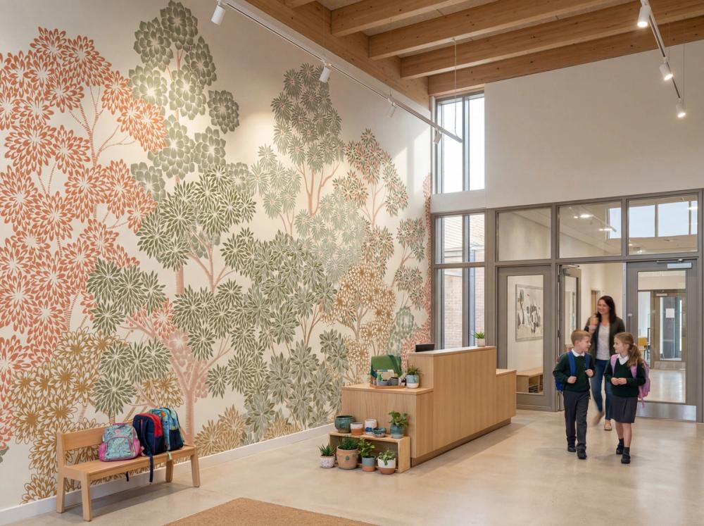 the entrance hall of a secondary school with a treetop themed wallpaper mural on the main wall