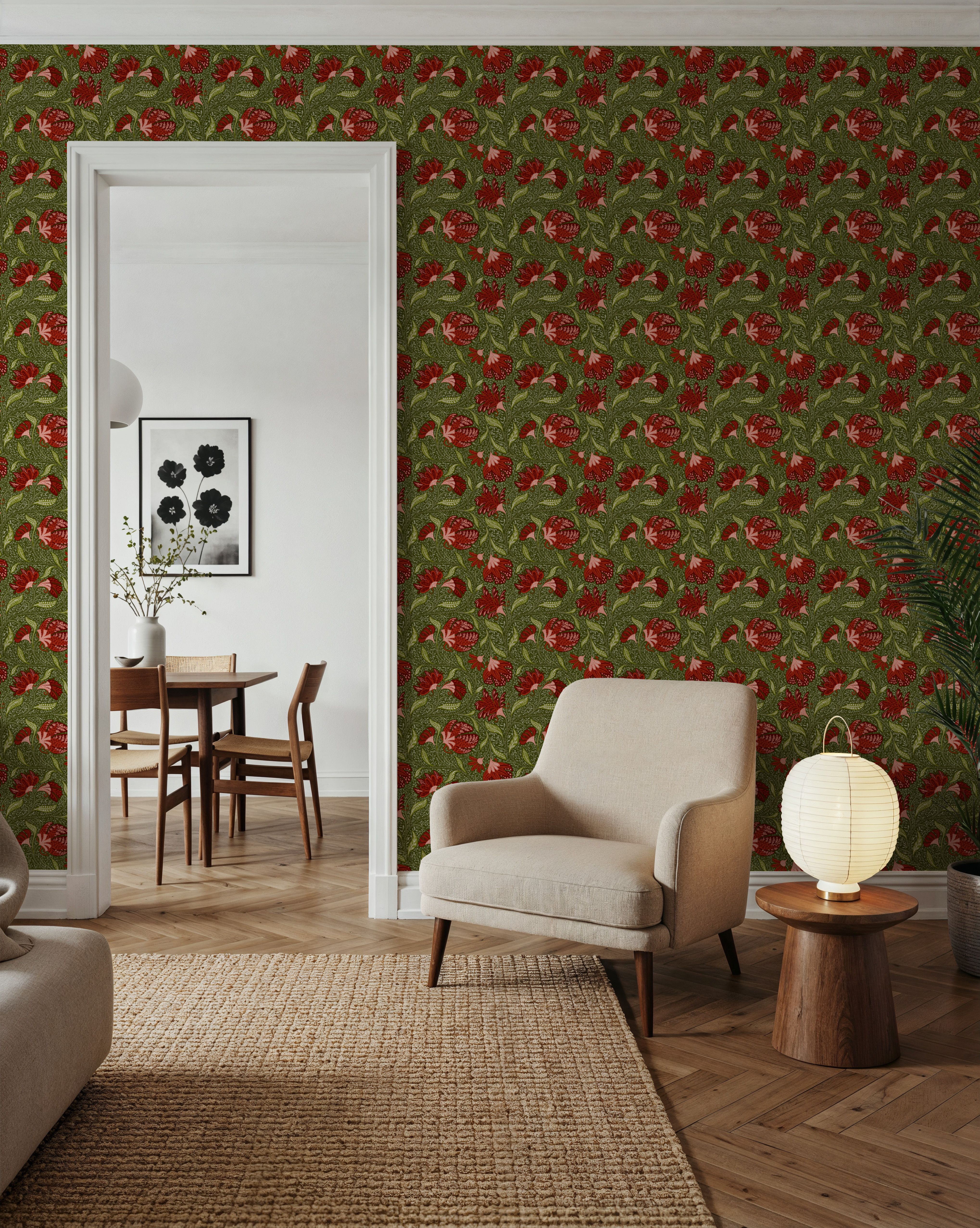Indial Floral, Vermilion on Olive