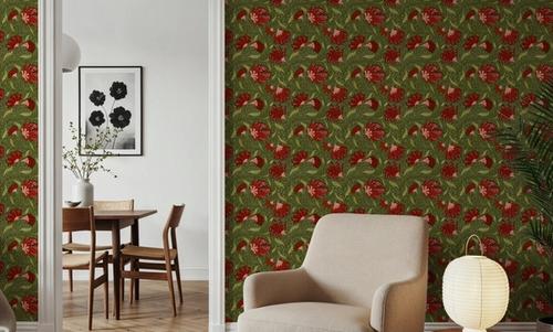 Indial Floral, Vermilion on Olive