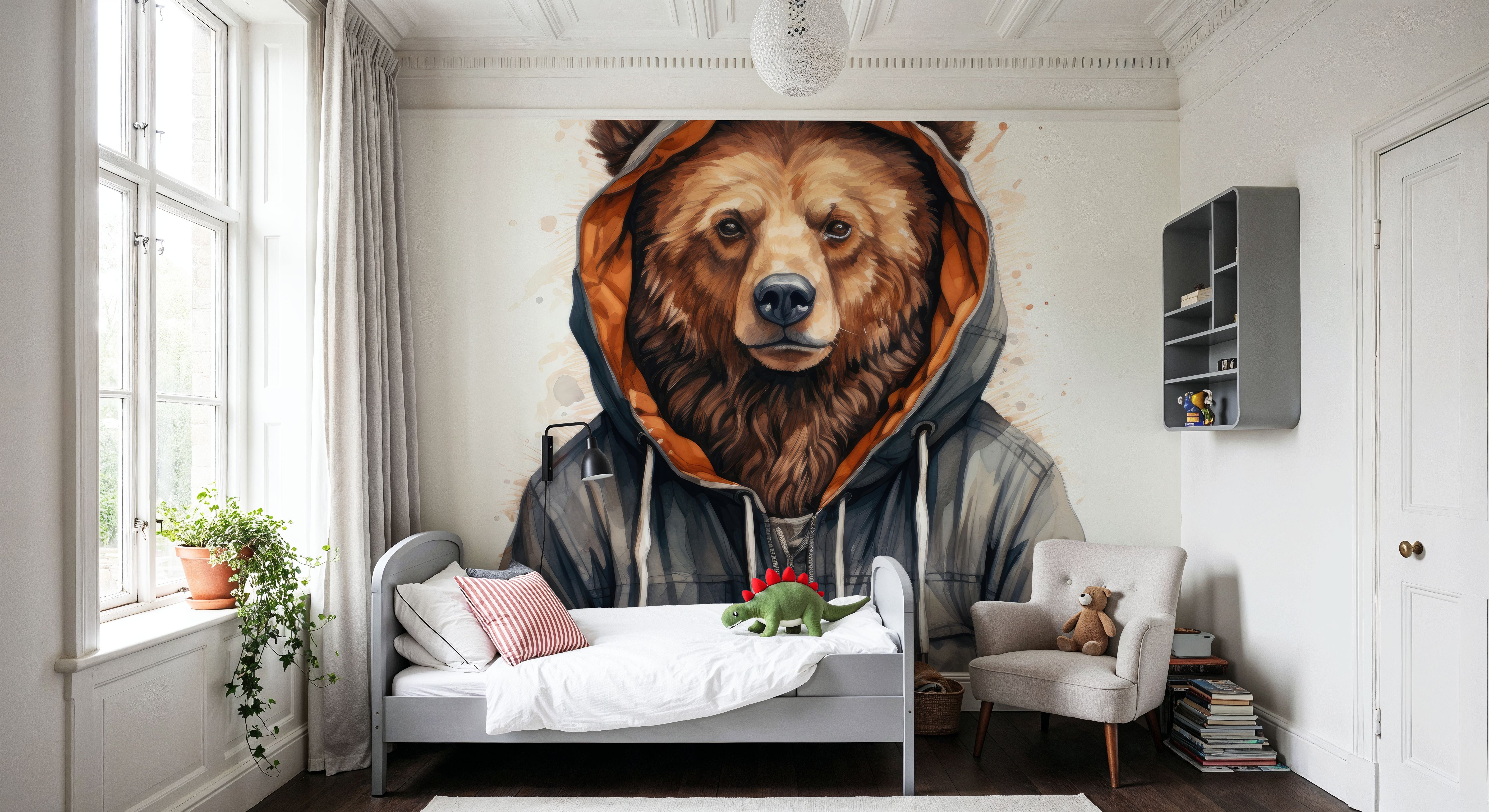 Watercolor Cartoon Grizzly Bear in a Hoodie