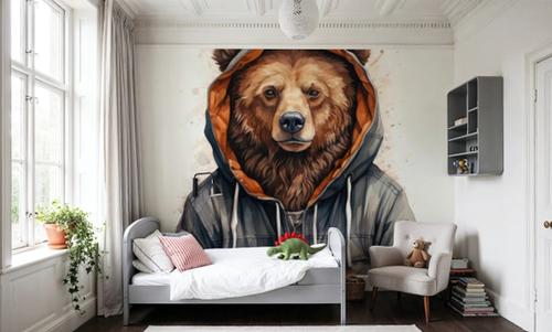 Watercolor Cartoon Grizzly Bear in a Hoodie