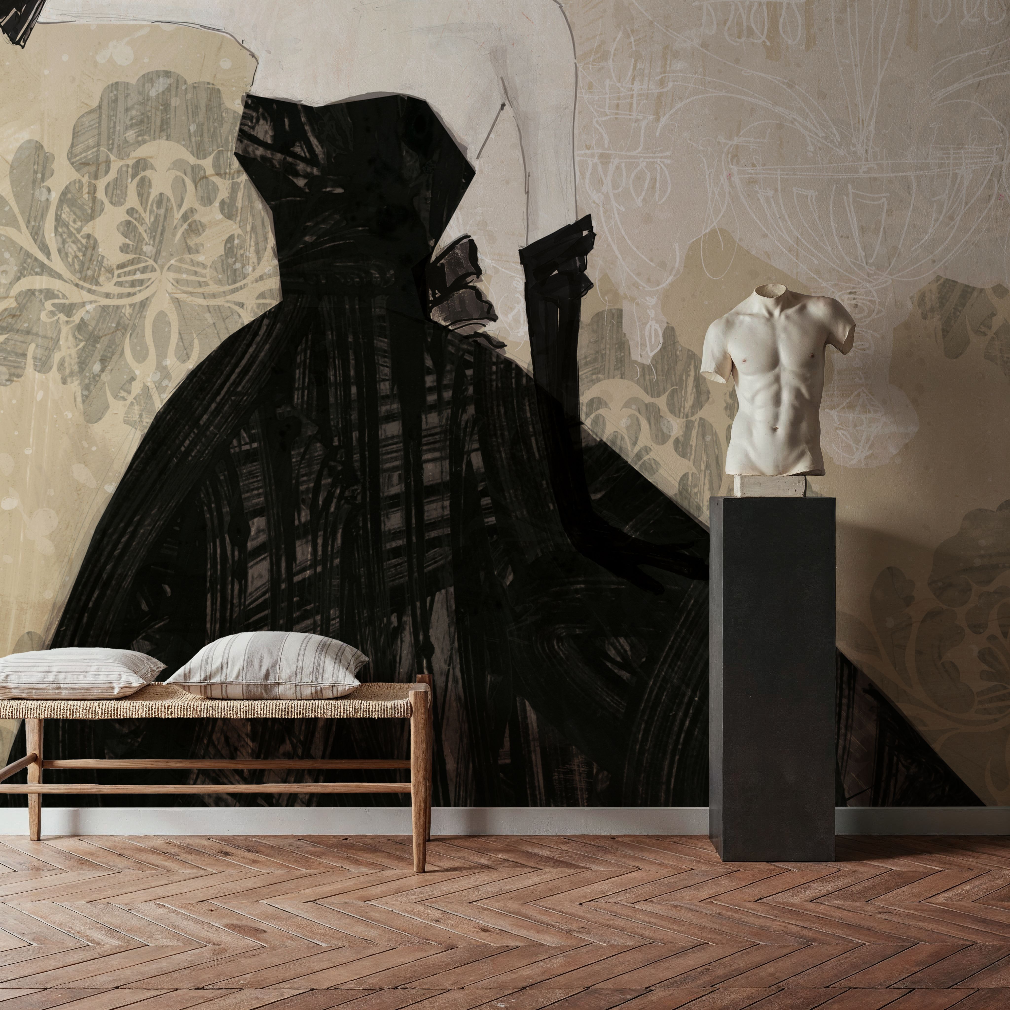 Wall Mural - Couture Lady I Cream - Contemporary Damask mural wallpaper - Gray - Dining Room - Wallism US - Premium, Textured or Peel & Stick