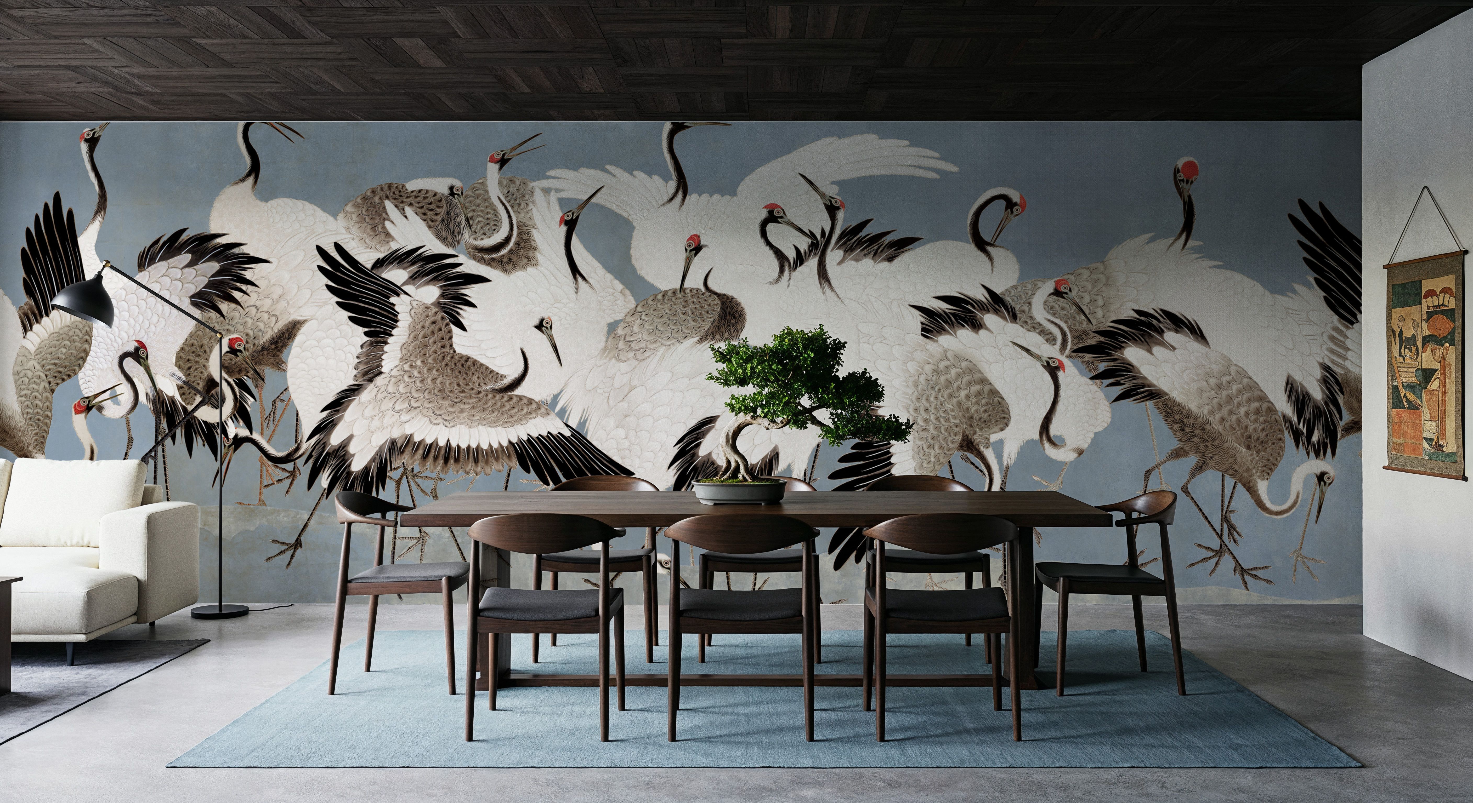 Japanese Flock of Cranes, Misty Sky