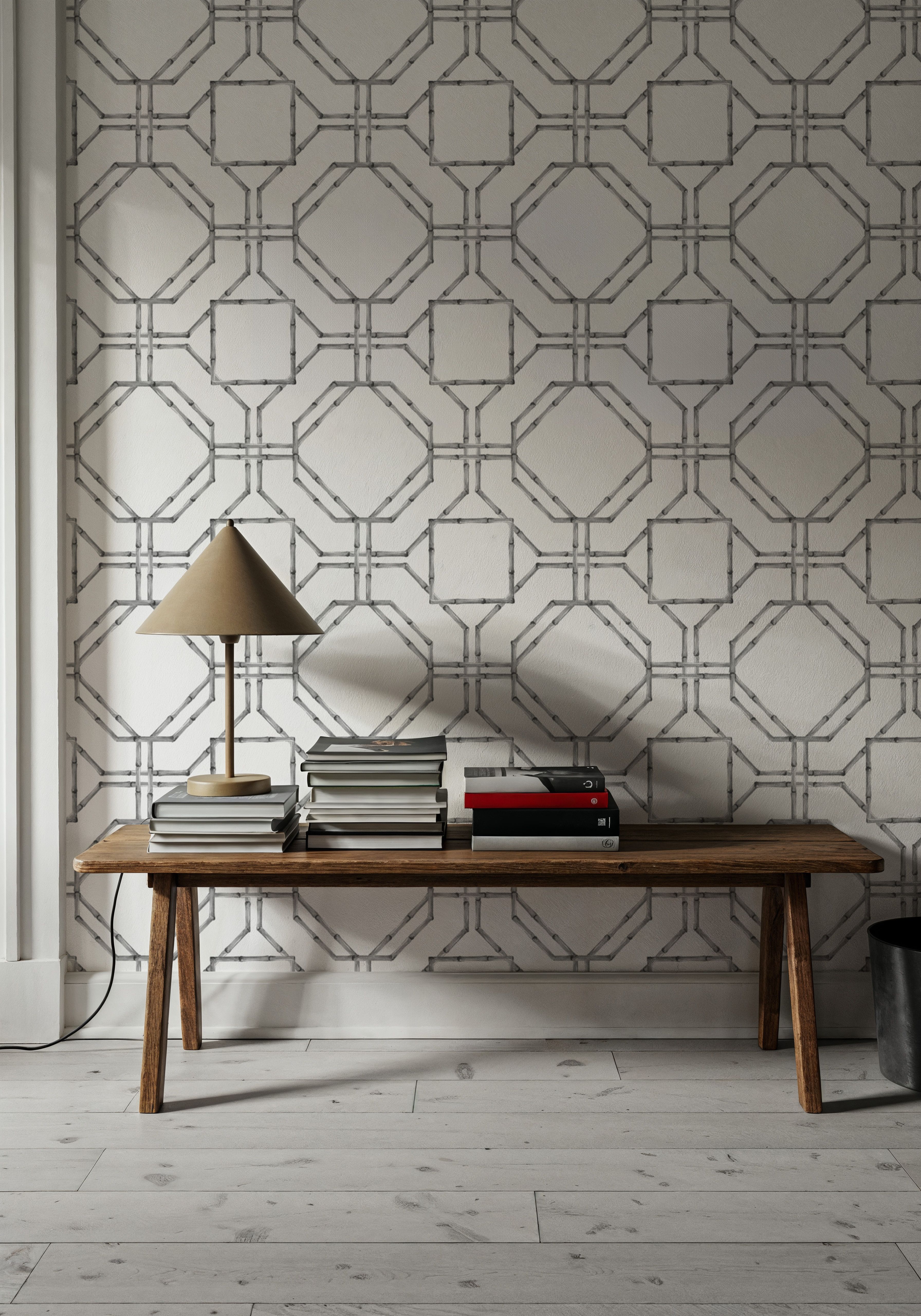Bamboo Lattice, Gray, Wallpaper