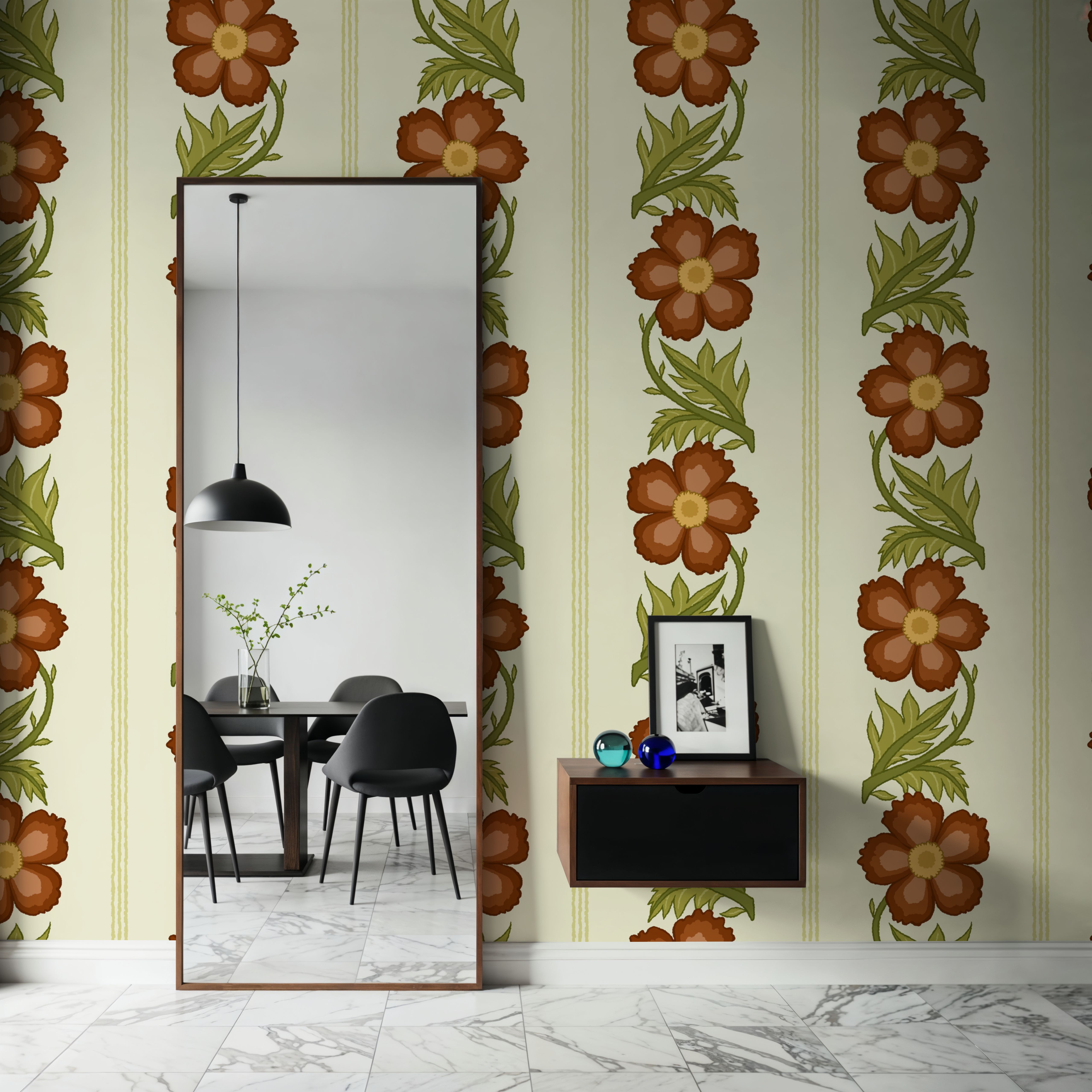 Floral Stripe, Red, Wallpaper