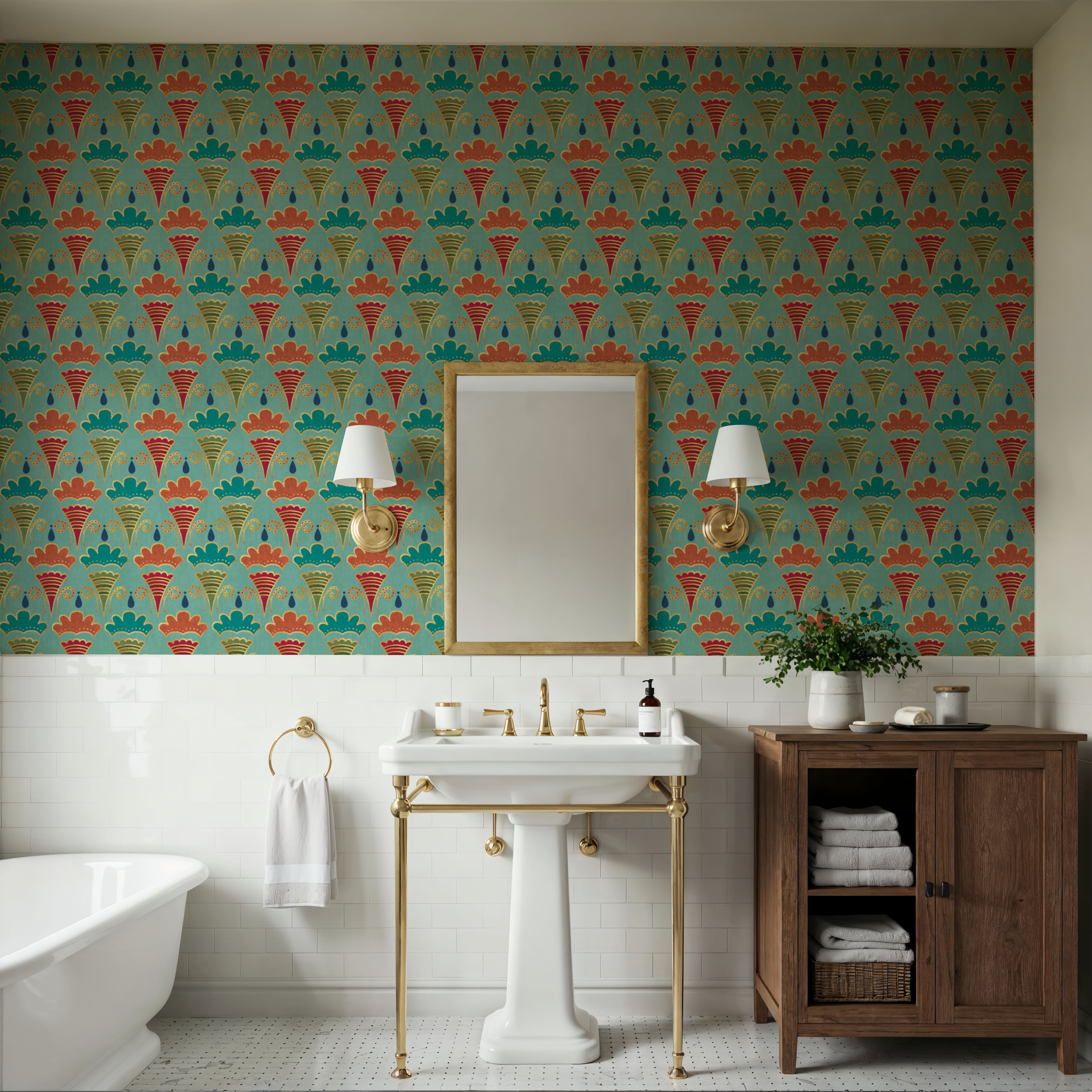 Wallpaper - Folk Cones Green - Folk - Bedroom - Wallism US - Premium, Textured or Peel & Stick