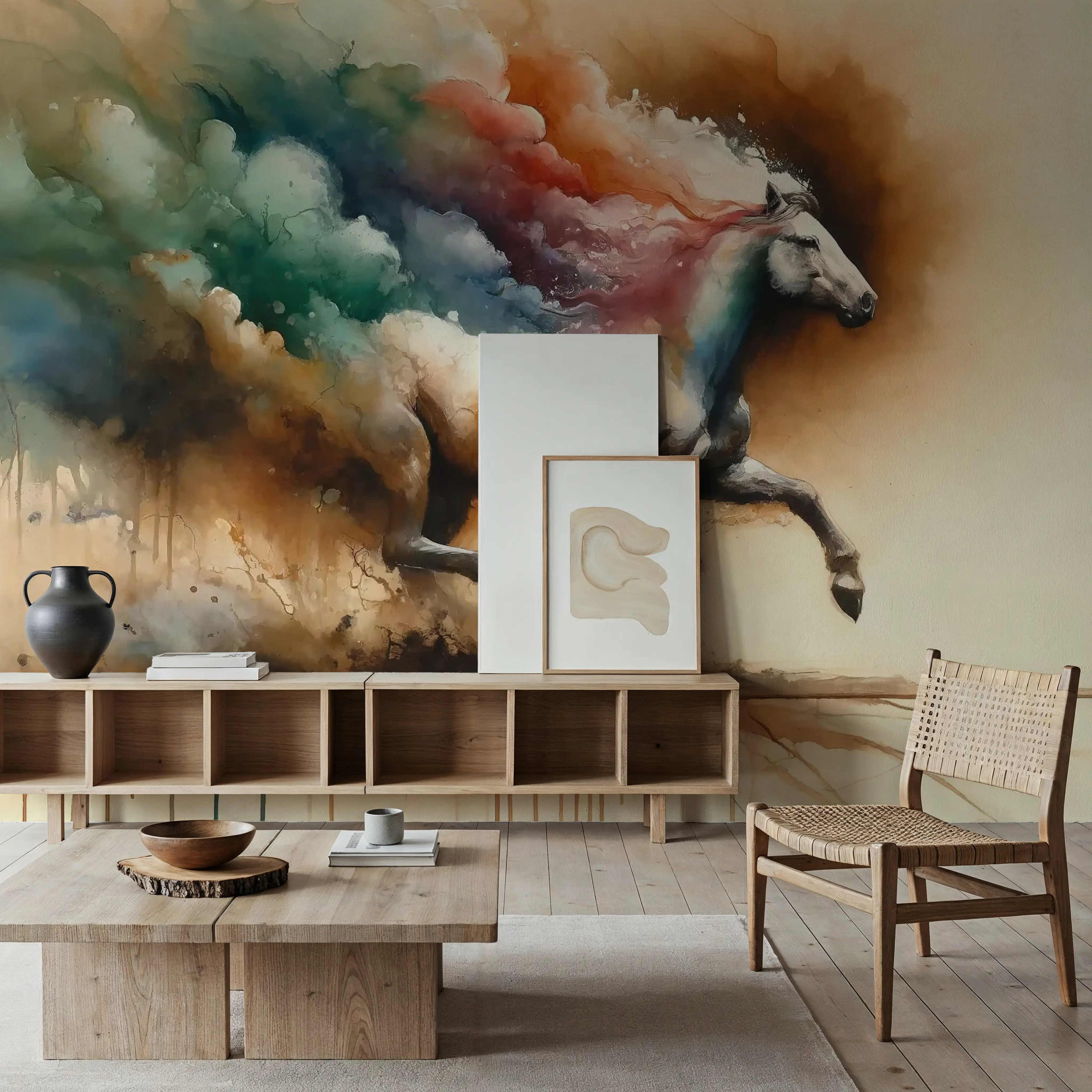 Fotobehang - Majestic Horse Emerging from Misty Dreamscape - Abstract Kunst Wild Mural - Eetkamer - Wallism België - Zelfklevend of Vliesbehang