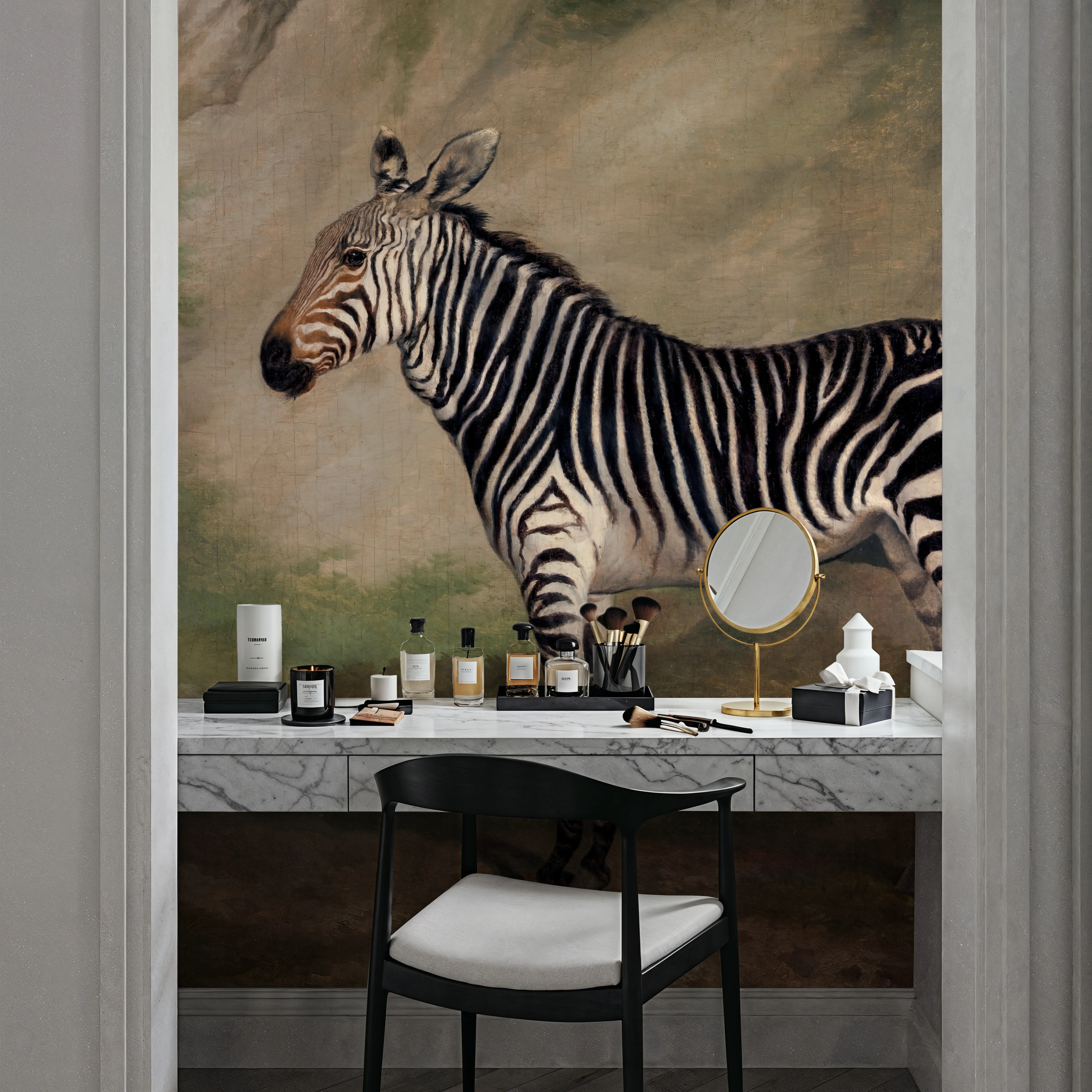 Fotobehang - Antique Zebras - Bladeren Bergen Mural - Wit - Kantoorruimtes - Wallism Nederland - Zelfklevend of Vliesbehang