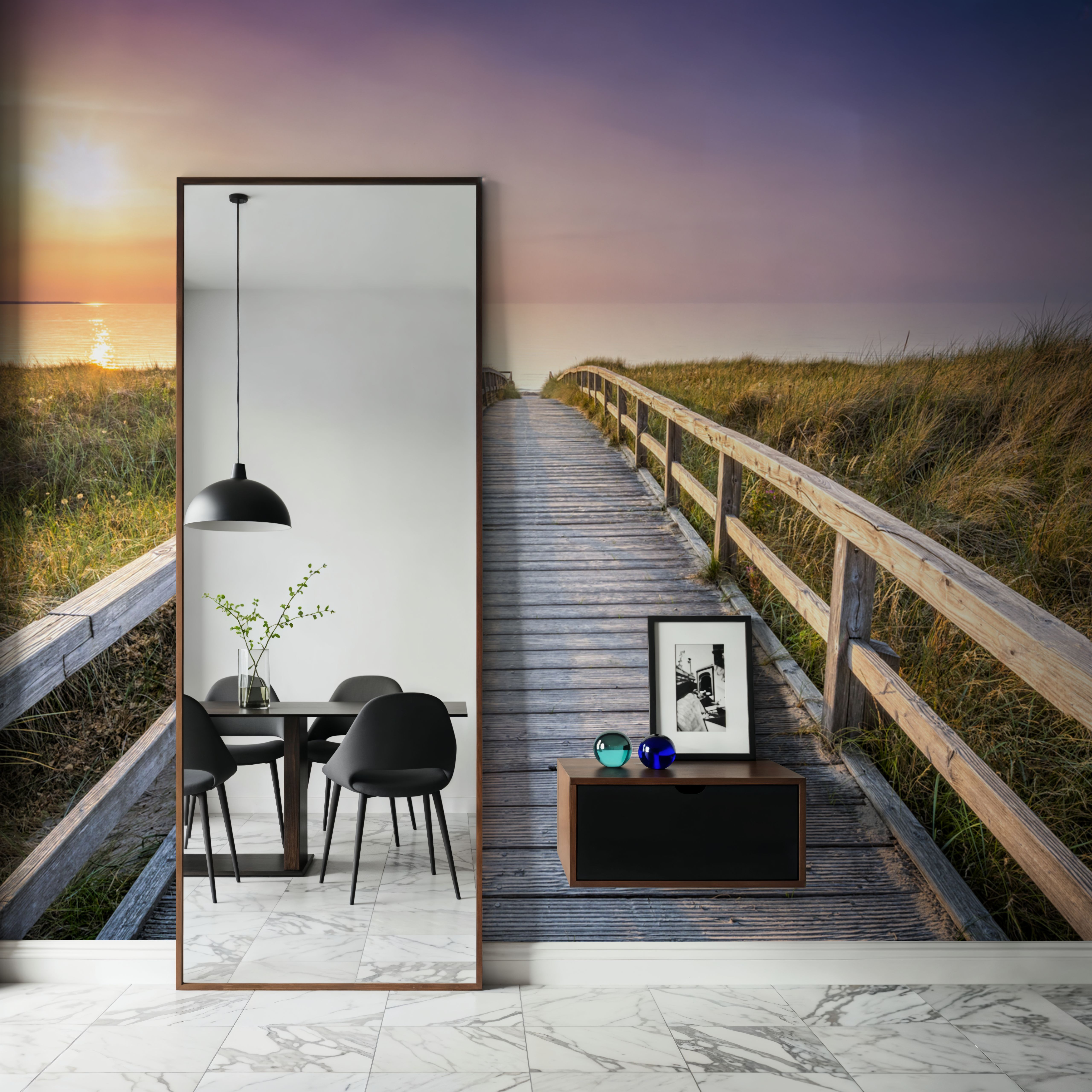 Wall Mural - Baltic Boardwalk Pink - Beach Coastal mural wallpaper - Dining Room - Wallism US - Premium, Textured or Peel & Stick