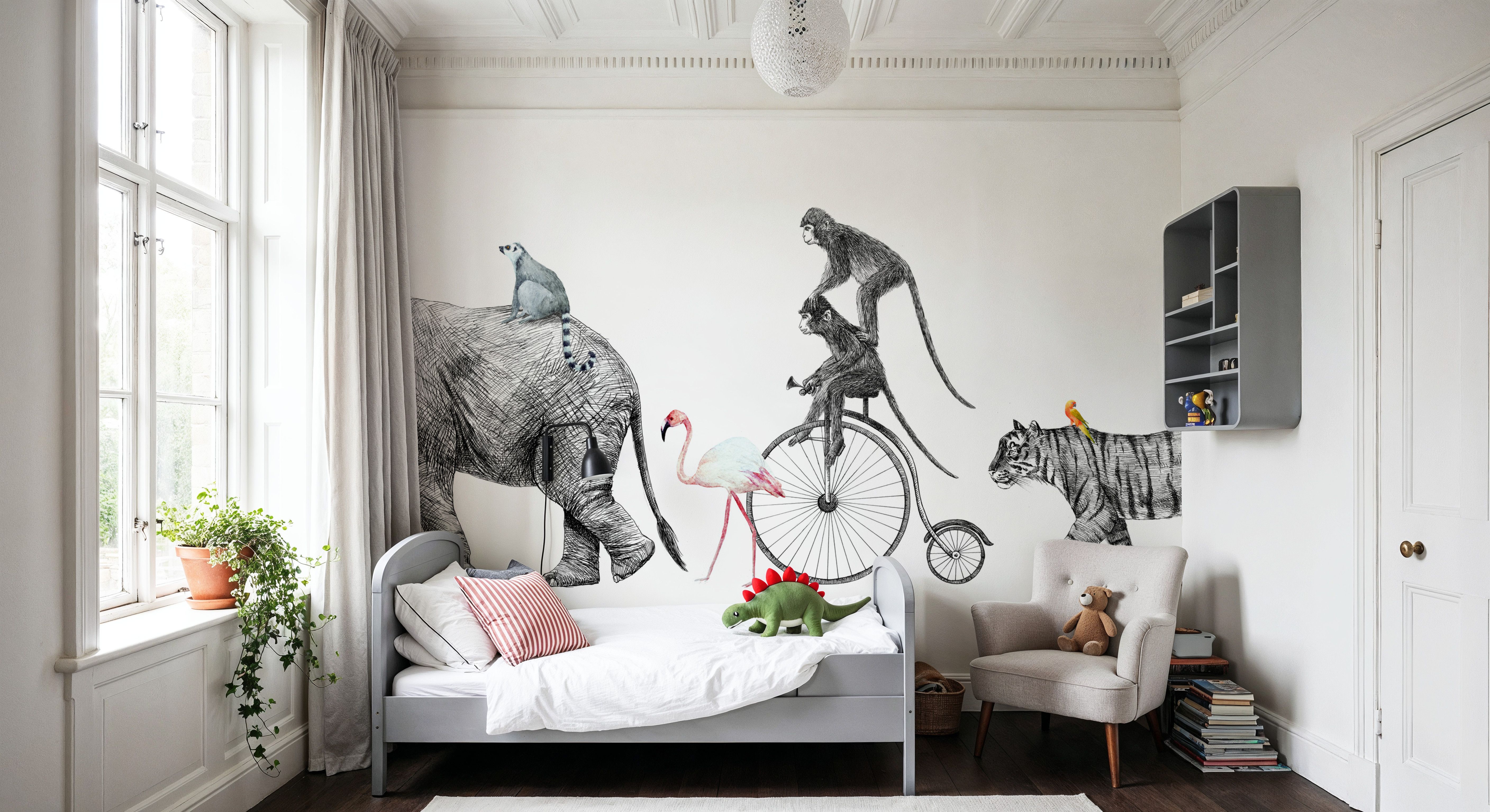 Fun Illustration of Elephant, Tiger & Monkeys on a Walk