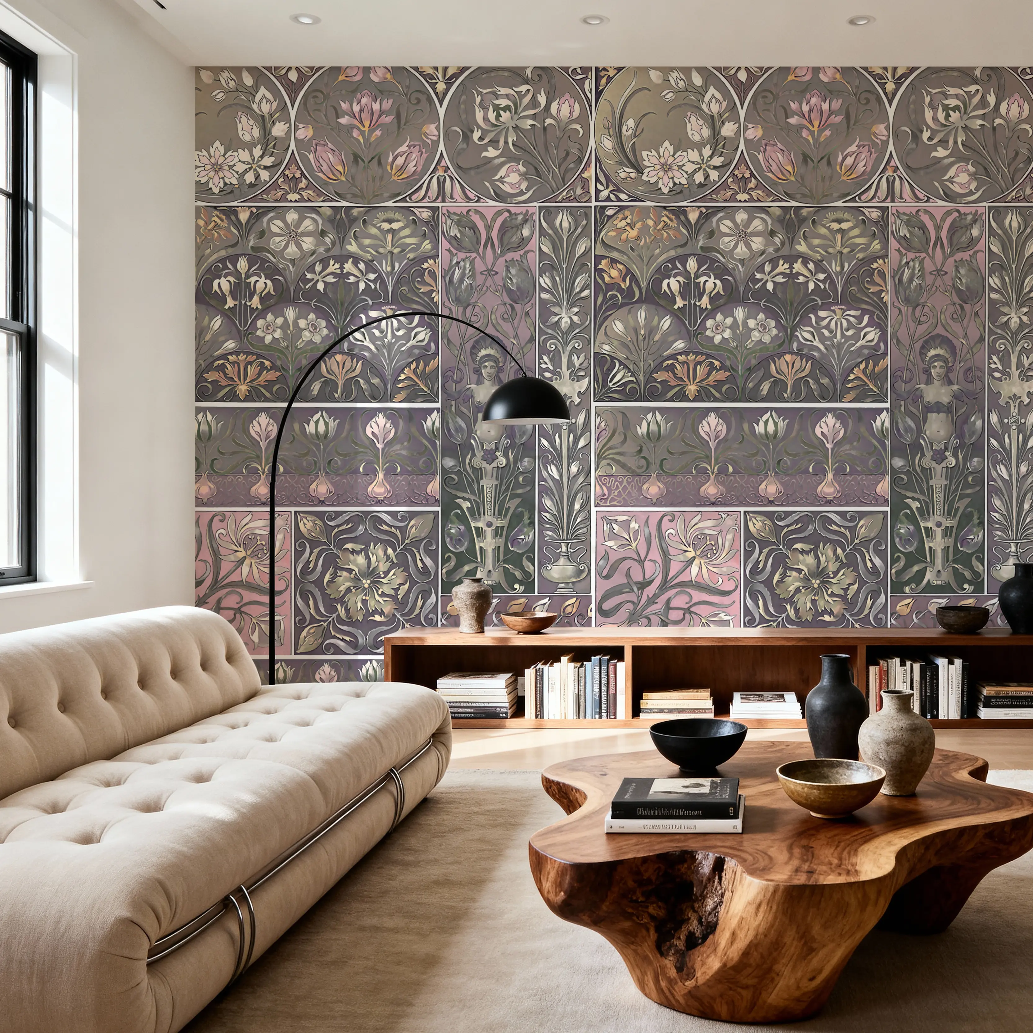 Fotobehang - Art Deco Floral Wall Pink - Chintz Natuur Mural - Paars - Eetkamer - Wallism België - Zelfklevend of Vliesbehang