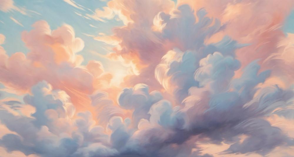 fluffy light pink and lavender clouds on a blue sky