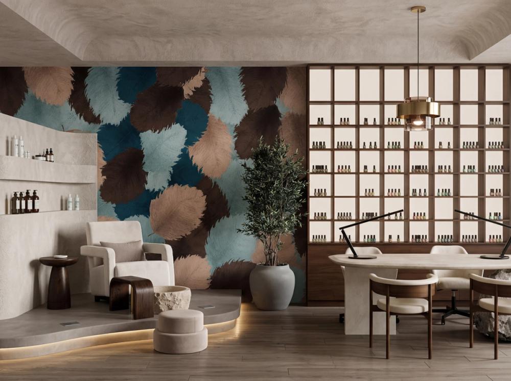 an interior photo of a nail salon with an abstract wallpaper mural on the main wall