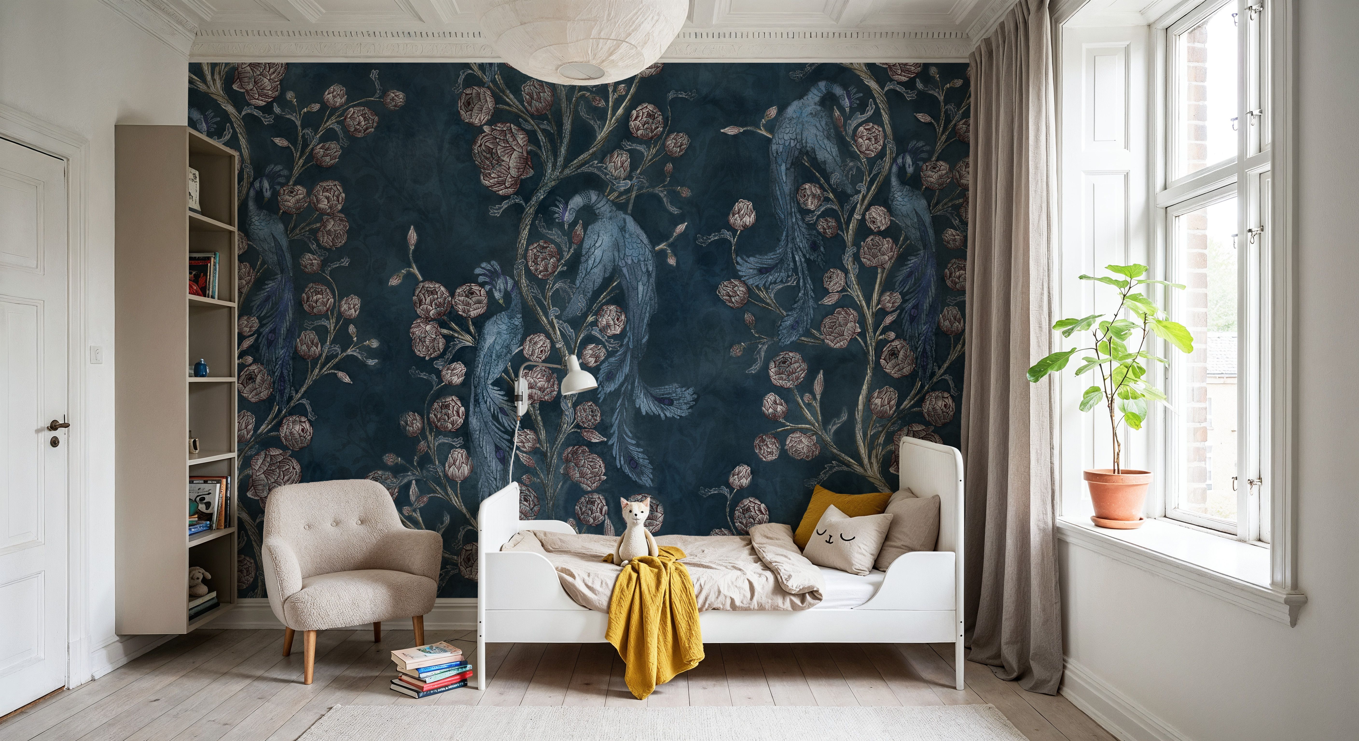 Peacock and Peony Chinoiserie Navy, Wallpaper