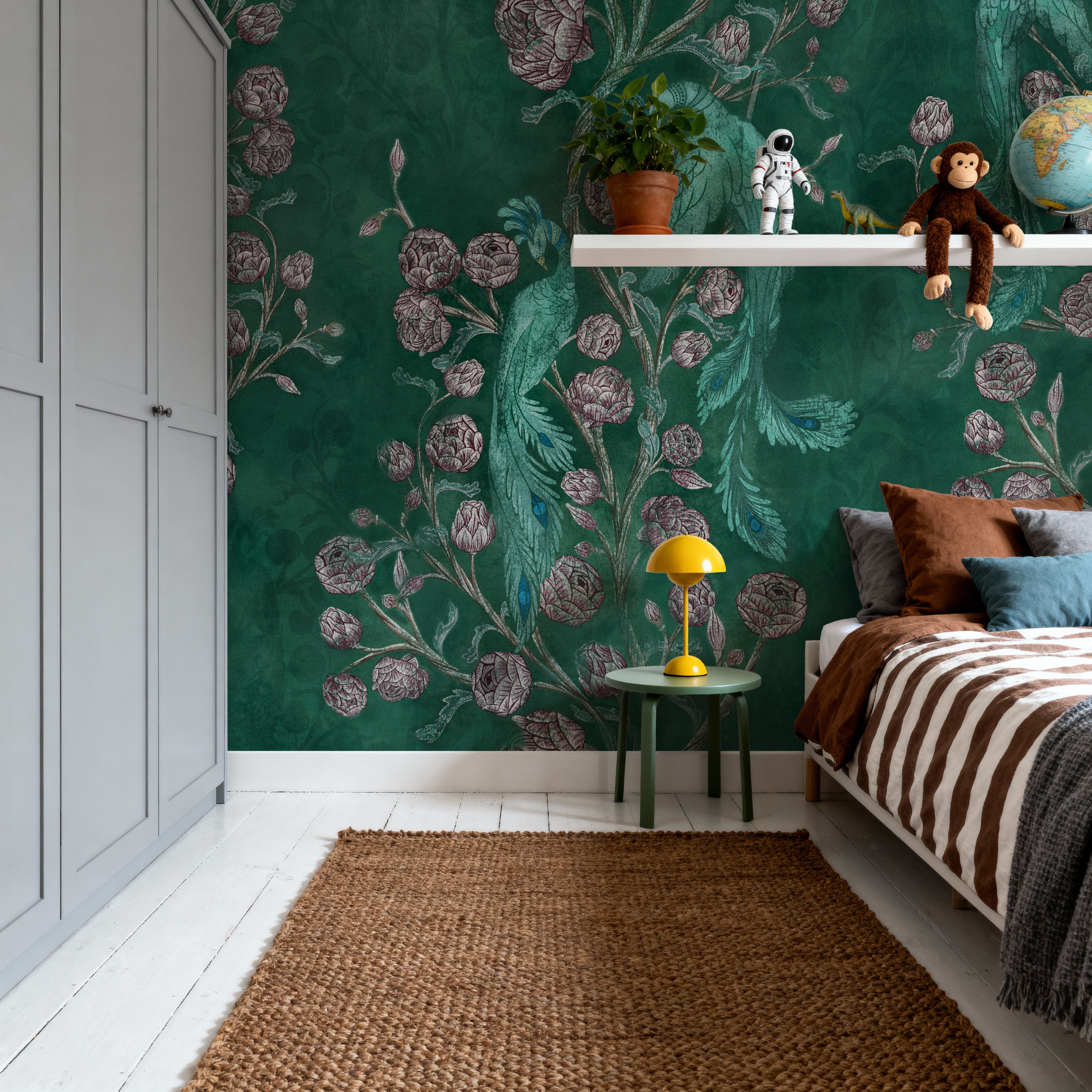 Peacock and Peony Chinoiserie Bottle Green