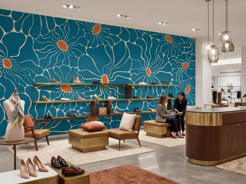 an interior photo of the shoe section of a high end department store with a funky teal colored flower wallpaper mural on the wall