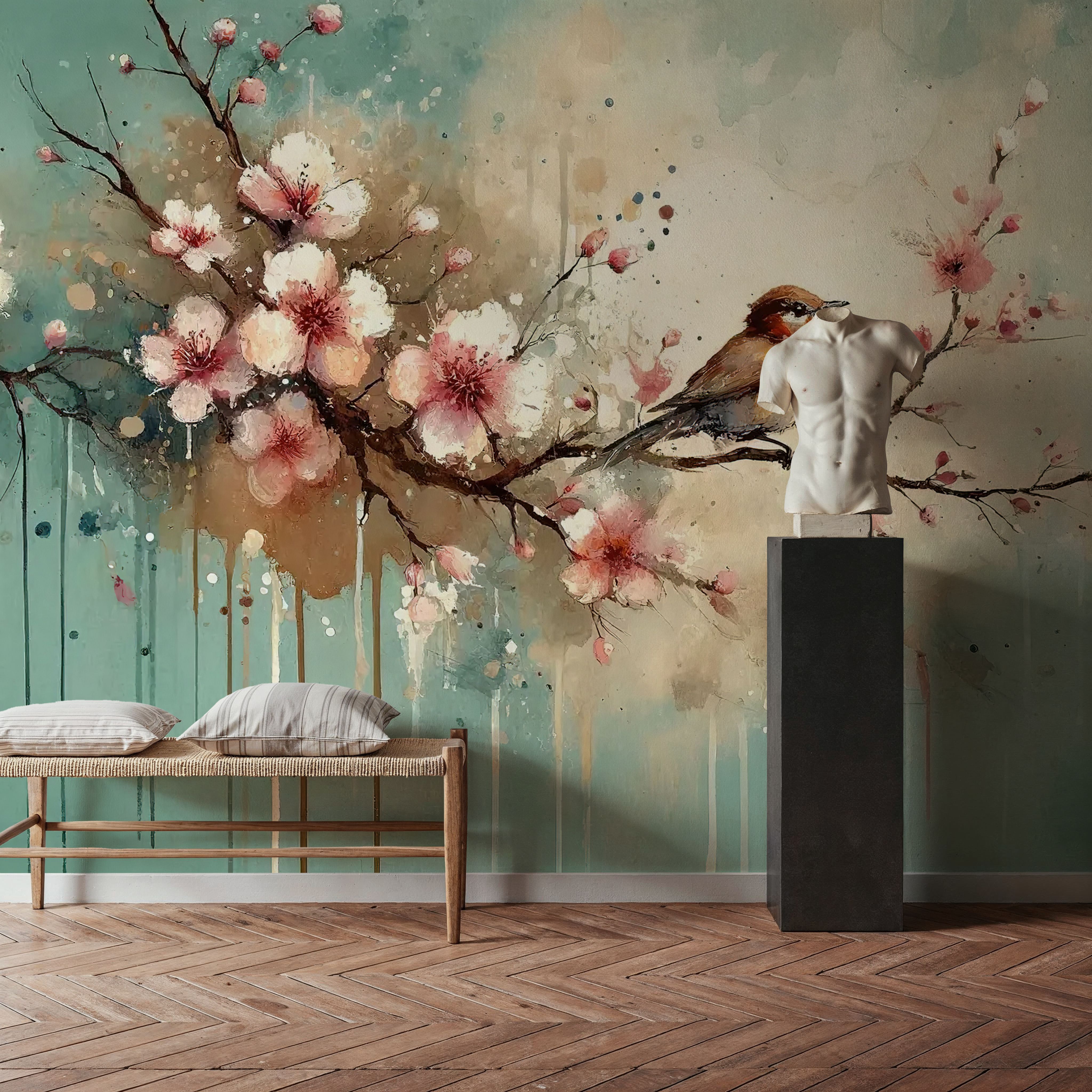 Cherry Blossoms Whispers on Teal Breeze