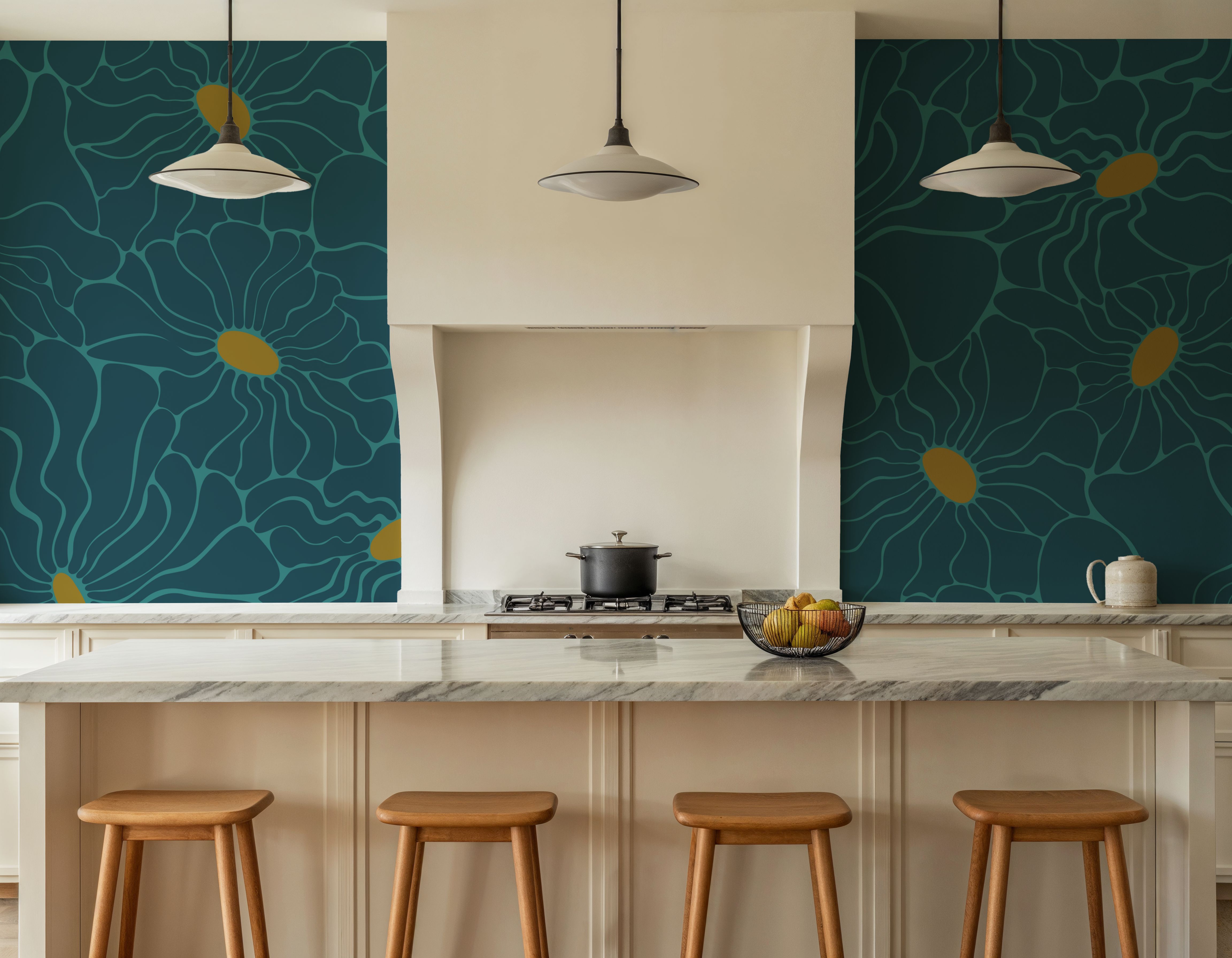 Cool Fluid Flowers Mural, Teal