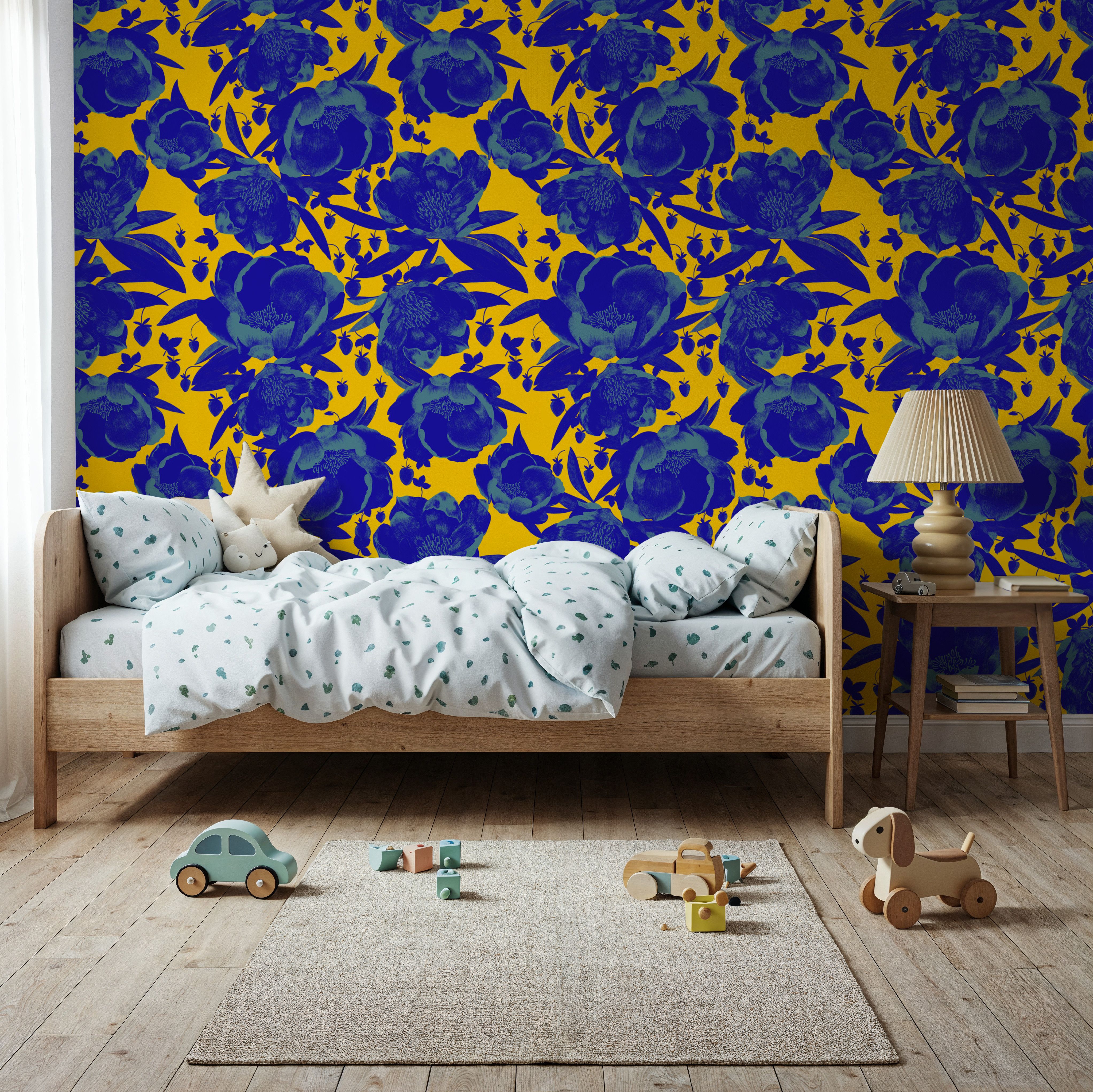 Pop Peonies, Yellow & Blue, Wallpaper