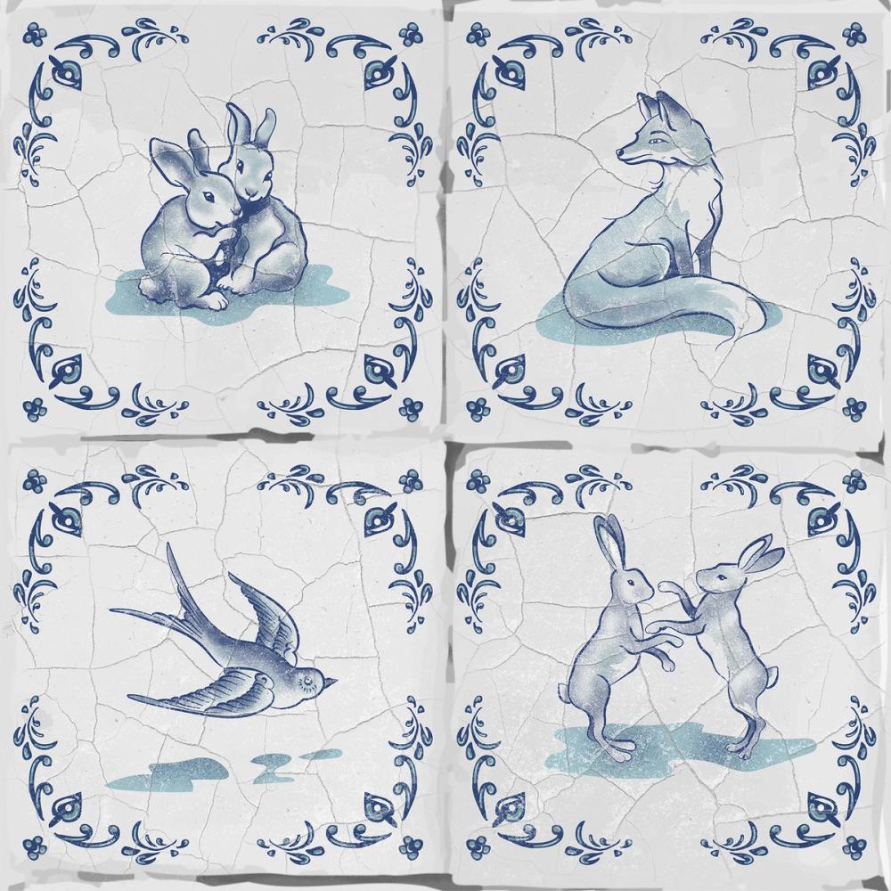 Forest Animals Telft, Tiles, Blue