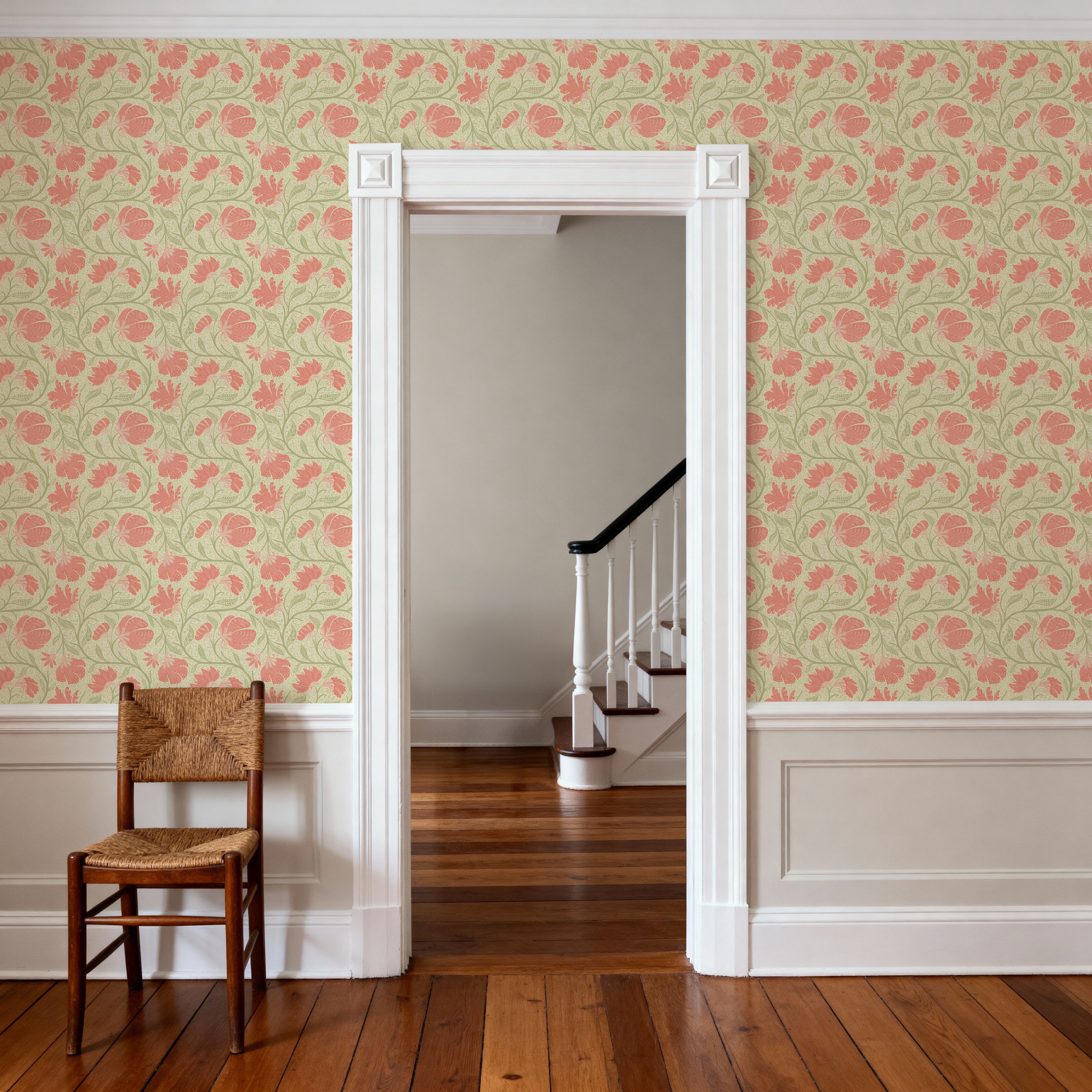 Indial Floral, Peach on Light Green