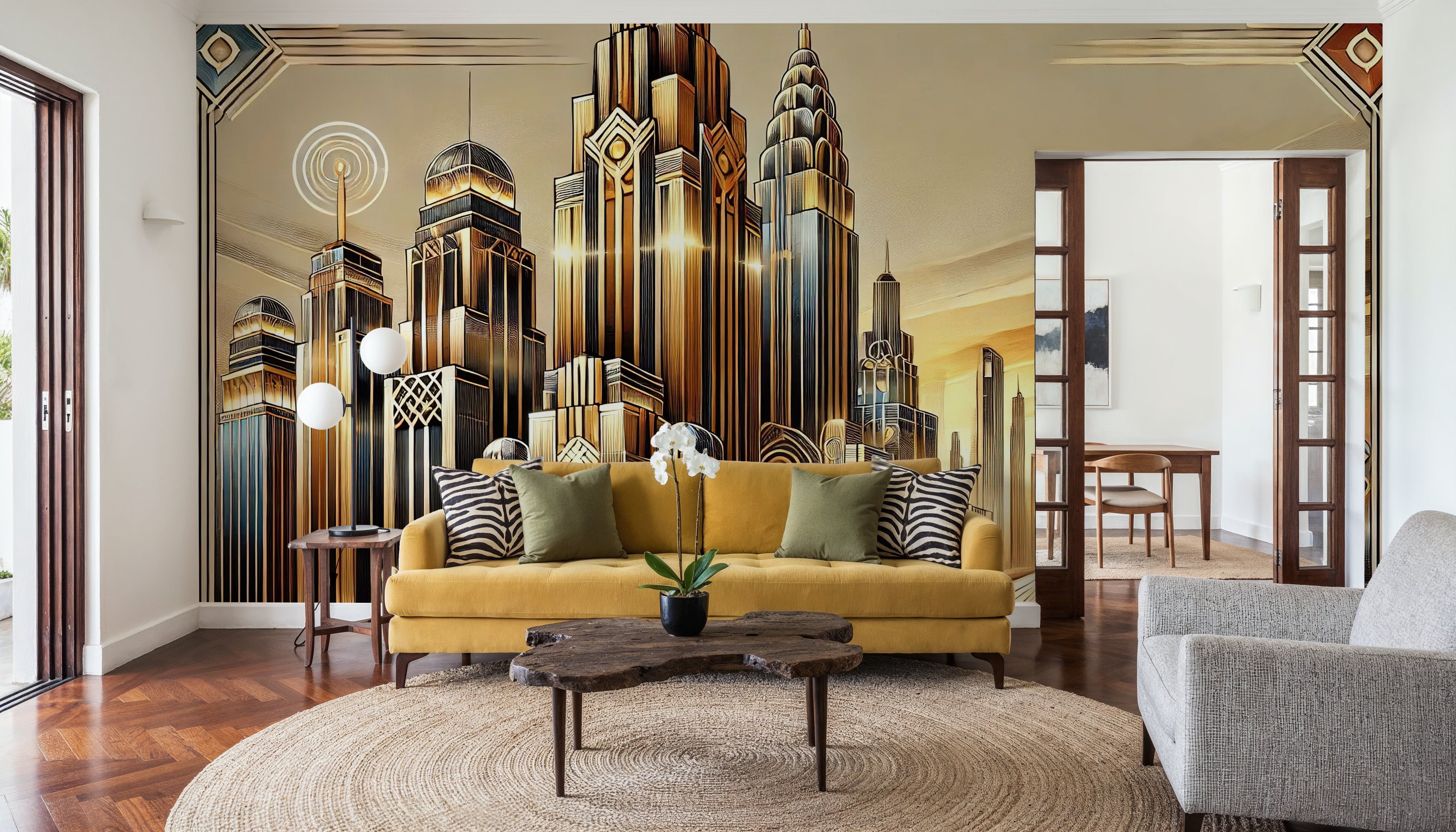 Golden City Skyline at Sunset in Art Deco