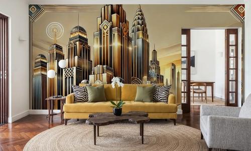 Golden City Skyline at Sunset in Art Deco