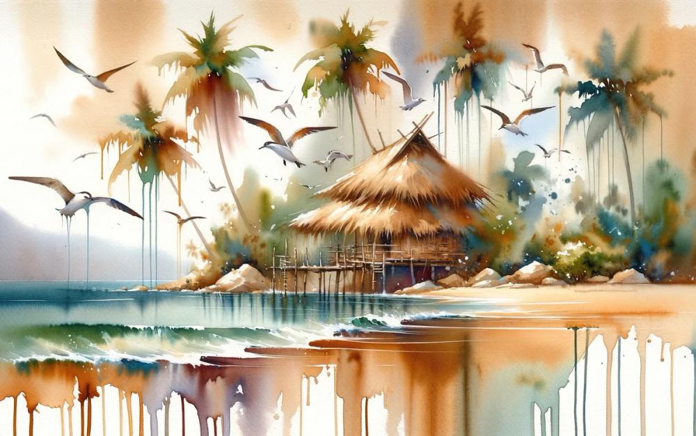 Island Serenity in Abstract Watercolor